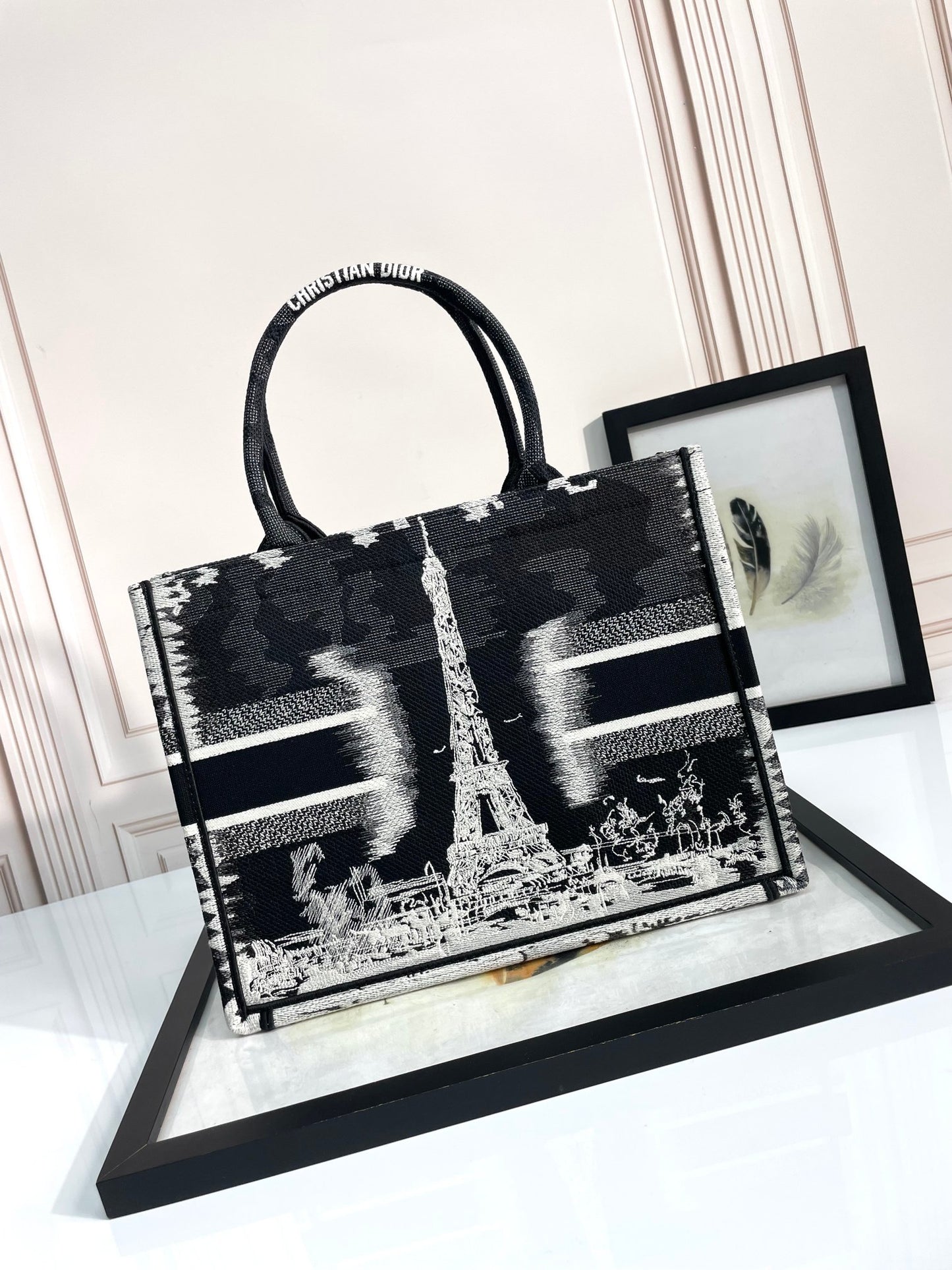 Dior Embroidered Paris Eiffel Tower Canvas Top Handle Tote Bag