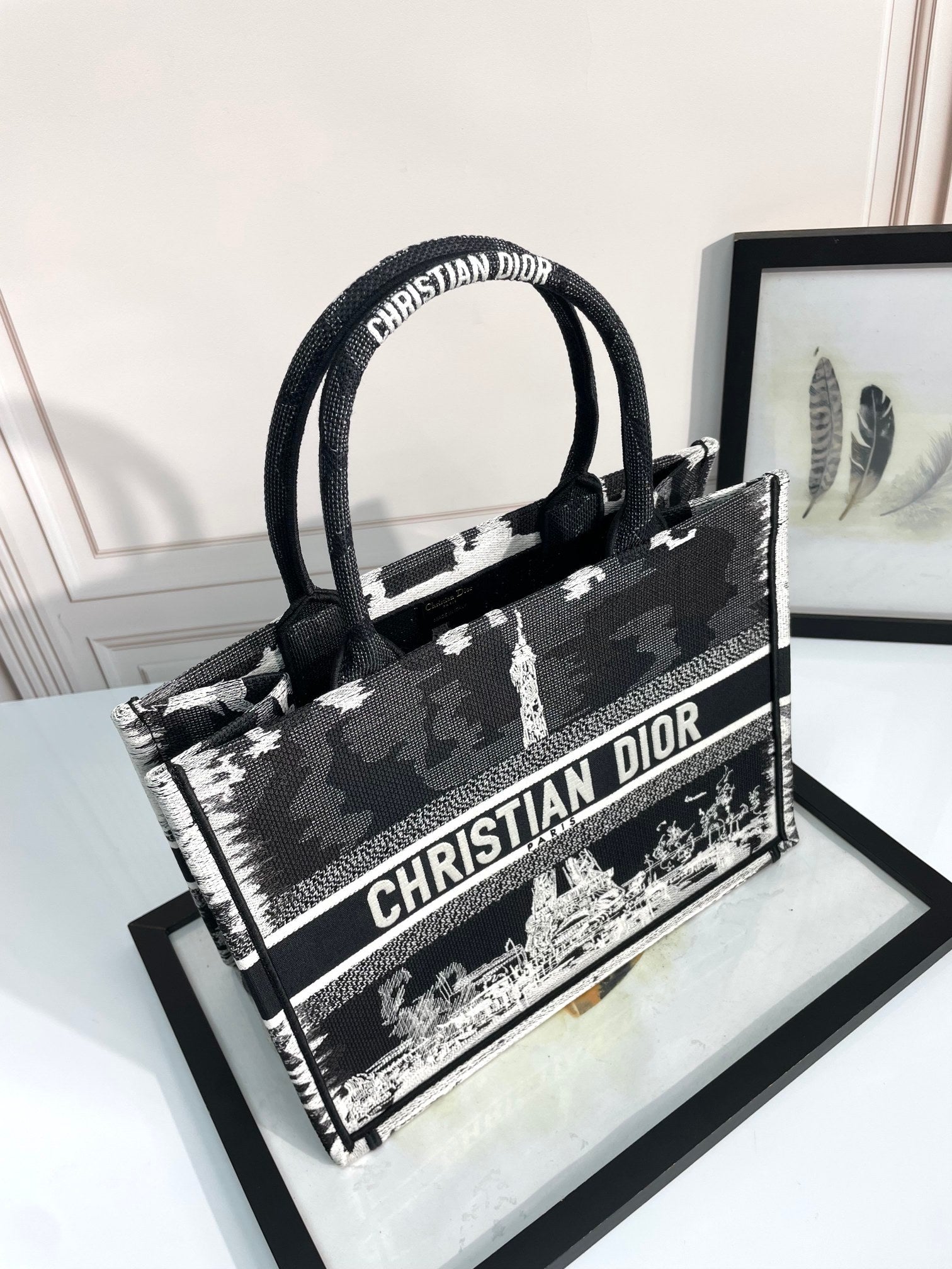 Christian Dior Book Tote Plan de Paris Bag Black and White Embroidery