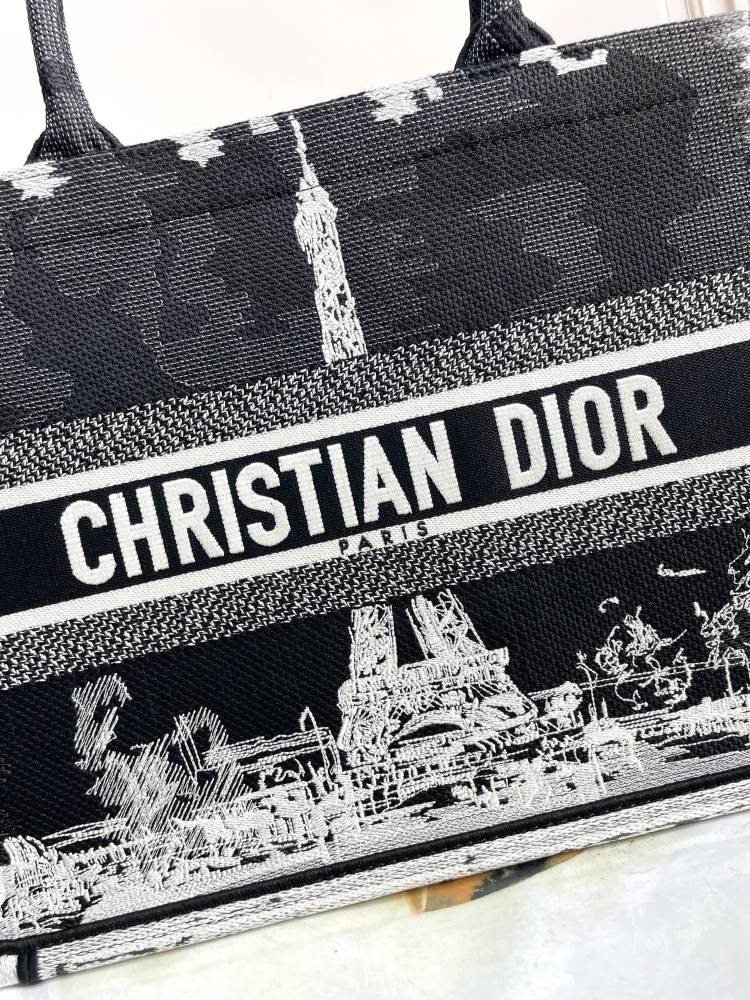 Christian Dior Book Tote - Paris Eiffel Tower Black & White Embroidered Canvas