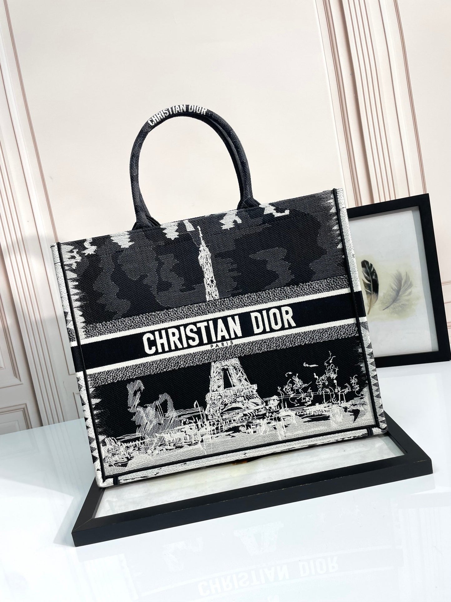 Dior Black and White Eiffel Tower Embroidered Canvas Tote Bag