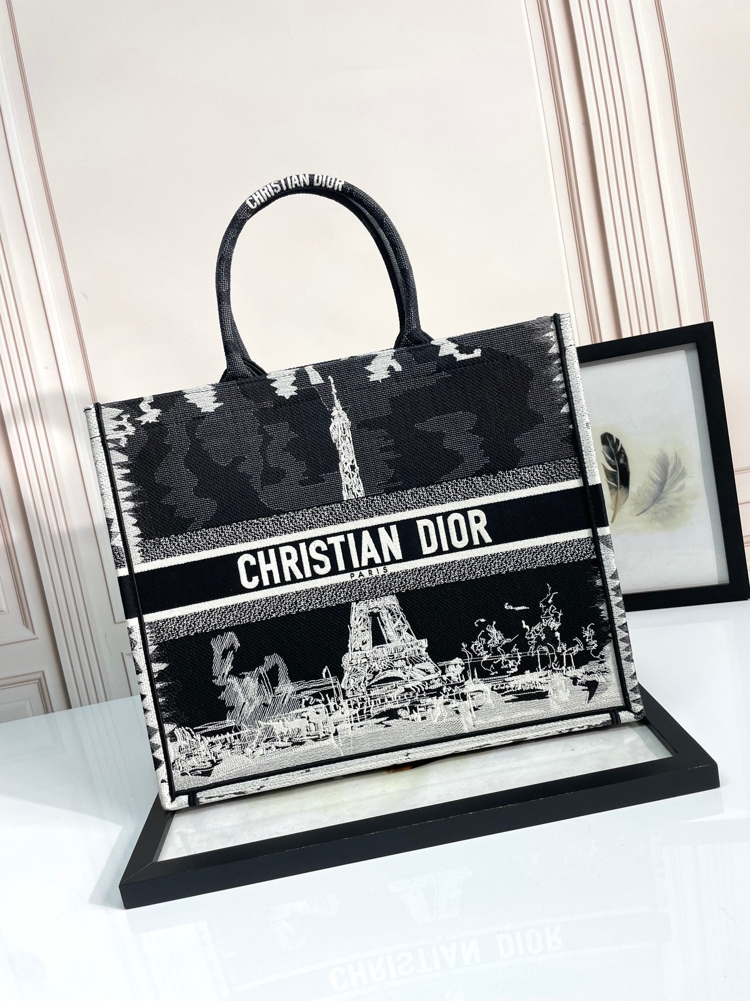 Dior Black and White Eiffel Tower Embroidered Canvas Tote Bag