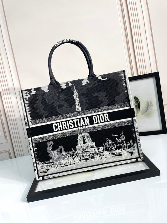 Dior Paris Eiffel Tower Canvas Tote Bag Black and White Handbag