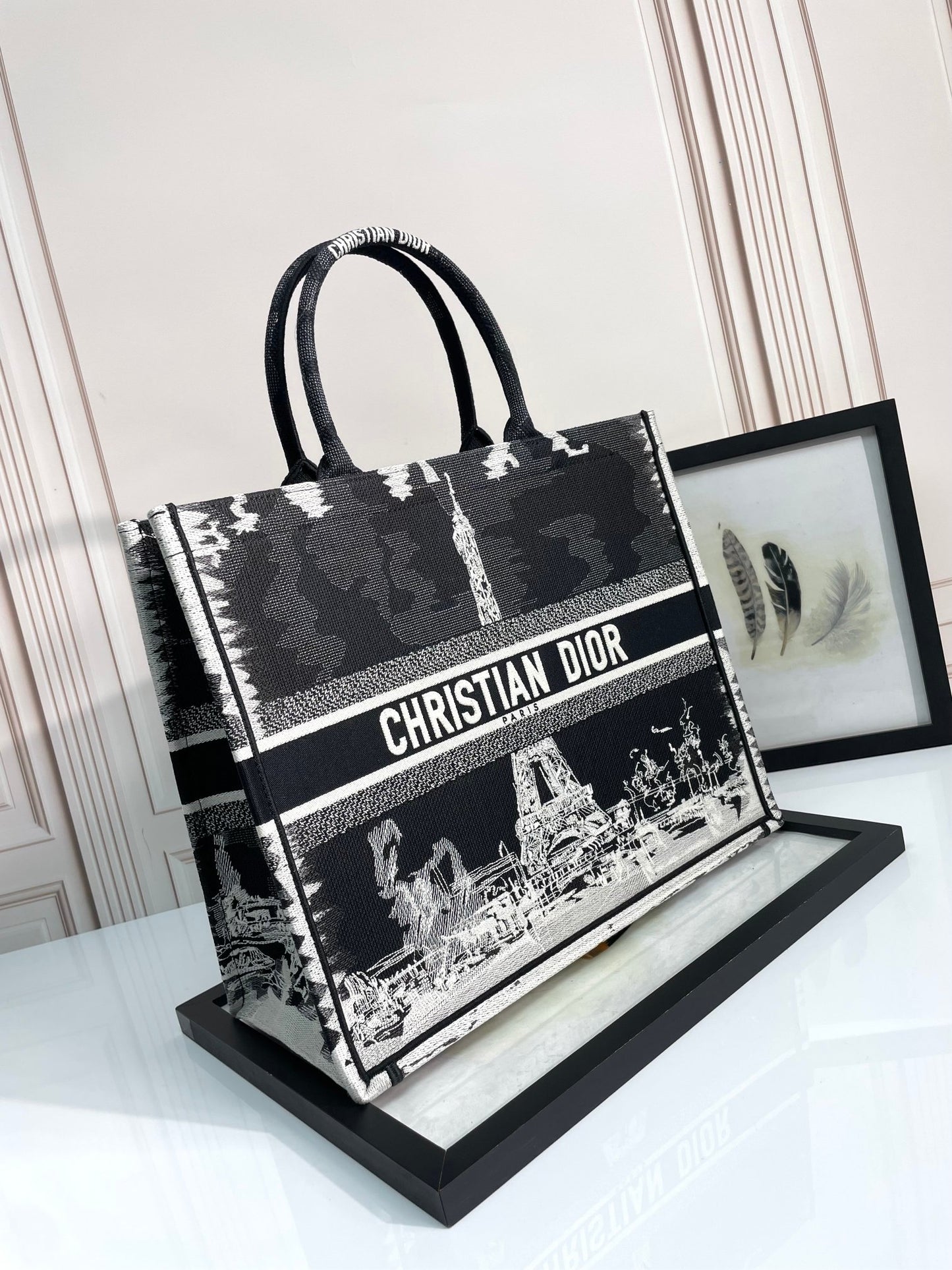 Dior Elegant Paris Eiffel Tower Embroidered Canvas Book Tote Handbag