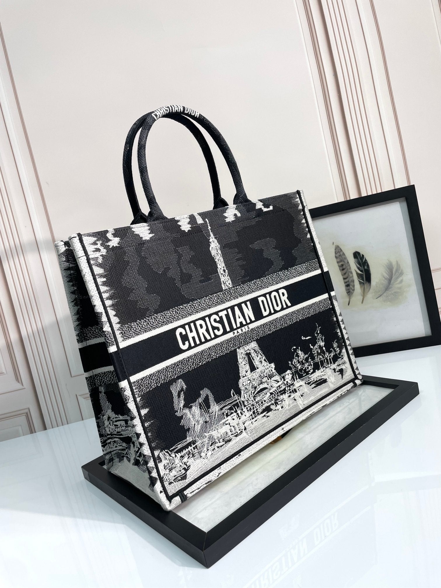 Dior Elegant Paris Eiffel Tower Embroidered Canvas Book Tote Handbag