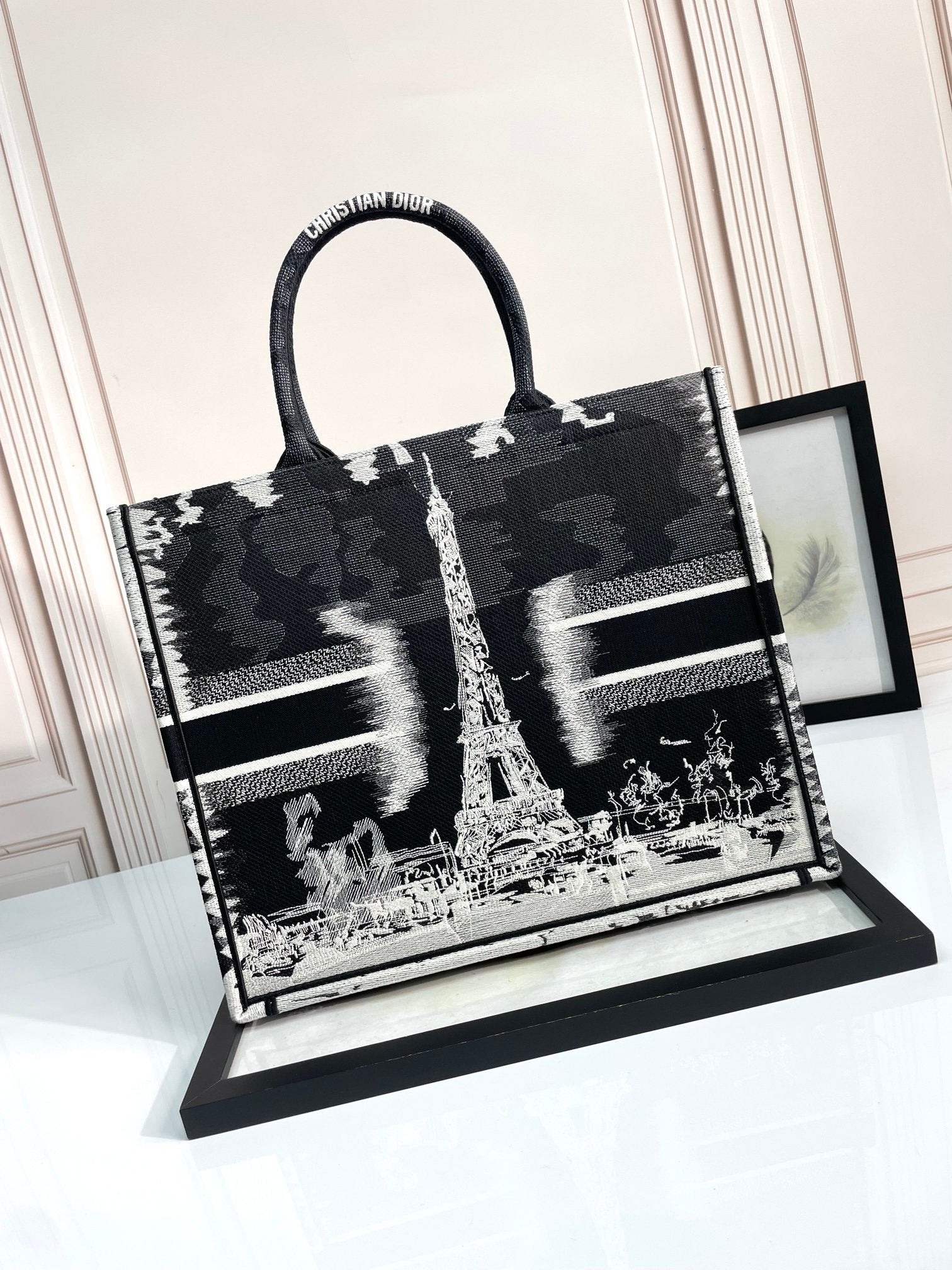 Dior Black and White Eiffel Tower Graphic Print Large Canvas Tote Bag
