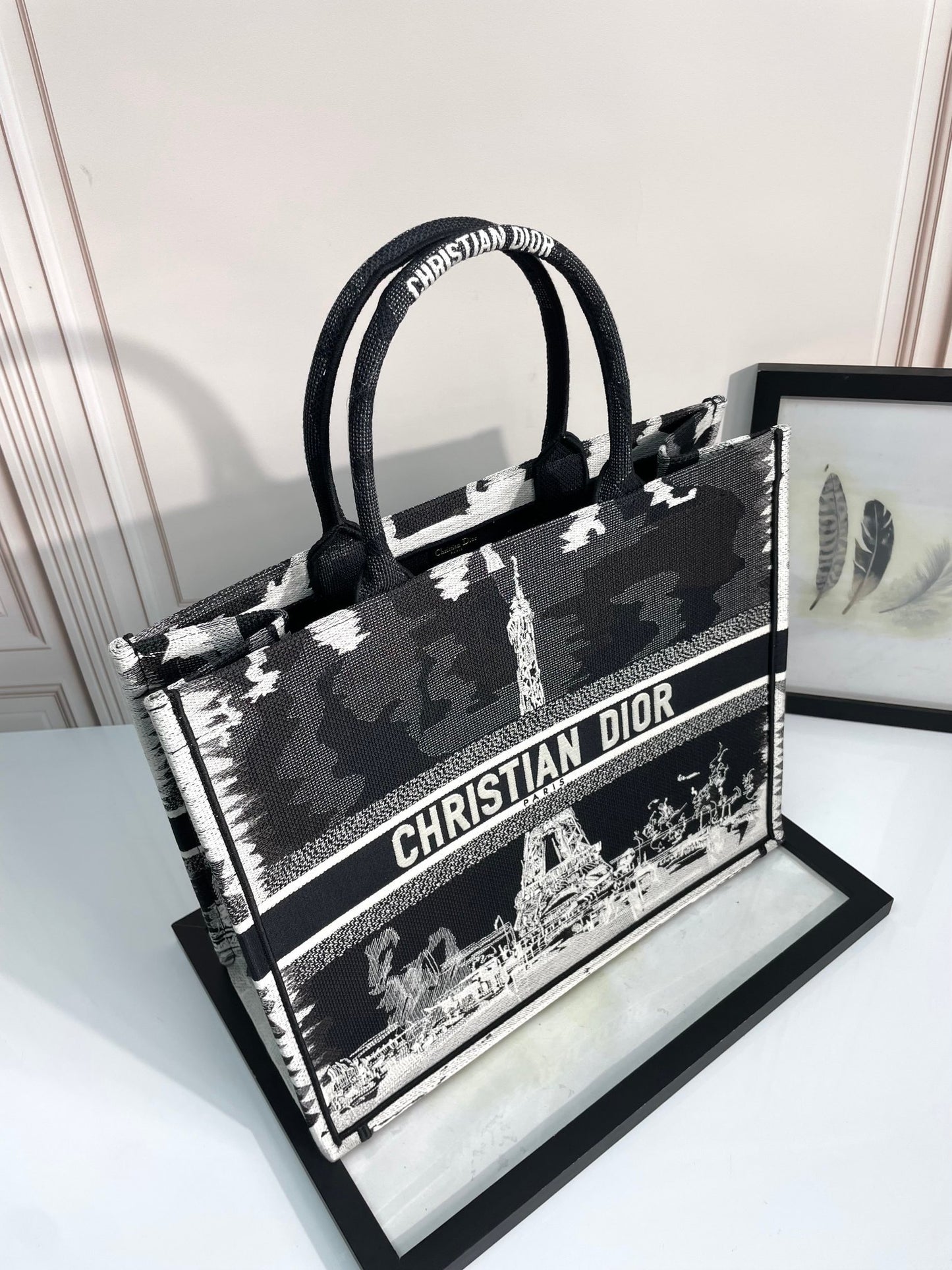 Christian Dior Book Tote Black and White Eiffel Tower Print Canvas Bag