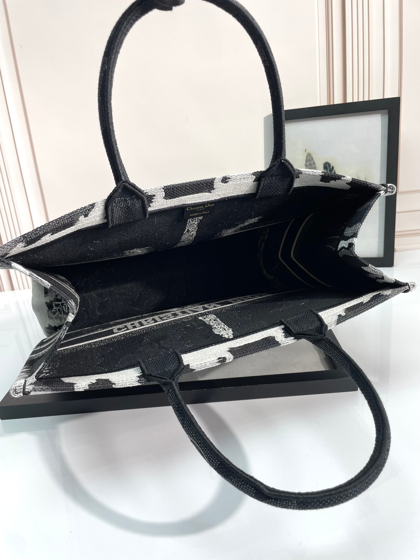 Christian Dior Book Tote Black and White Eiffel Tower Print Canvas Bag