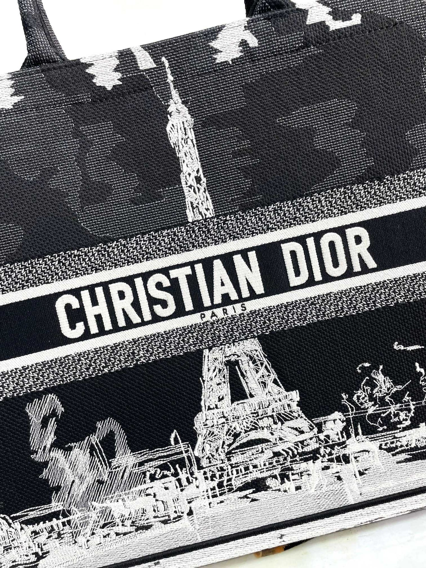 Dior Black and White Eiffel Tower Graphic Print Large Canvas Tote Bag