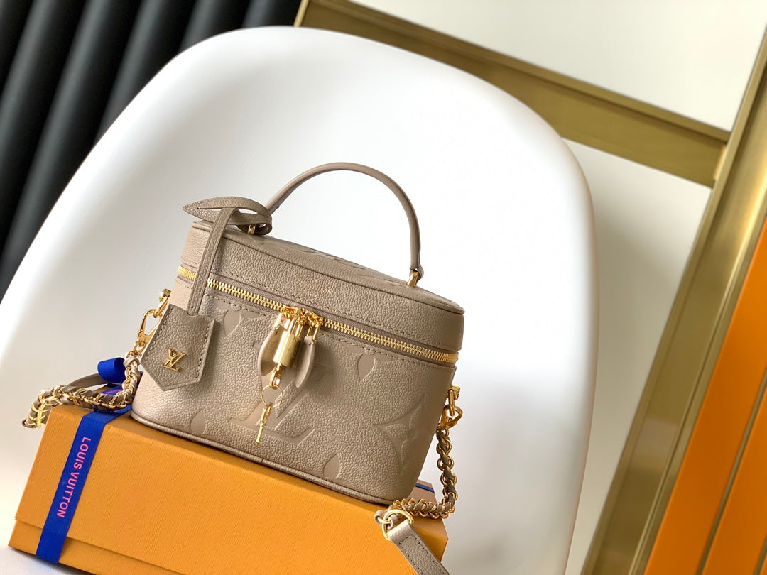 Louis Vuitton Taupe Embossed Leather Vanity Case Bag with Top Handle