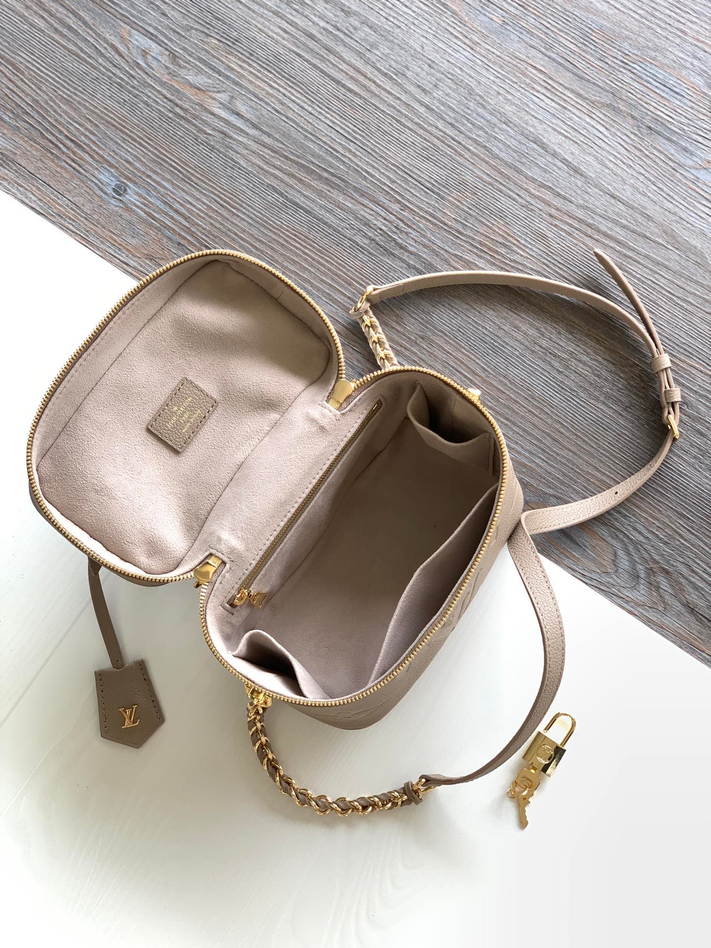 Louis Vuitton Taupe Embossed Leather Vanity Case Bag with Top Handle