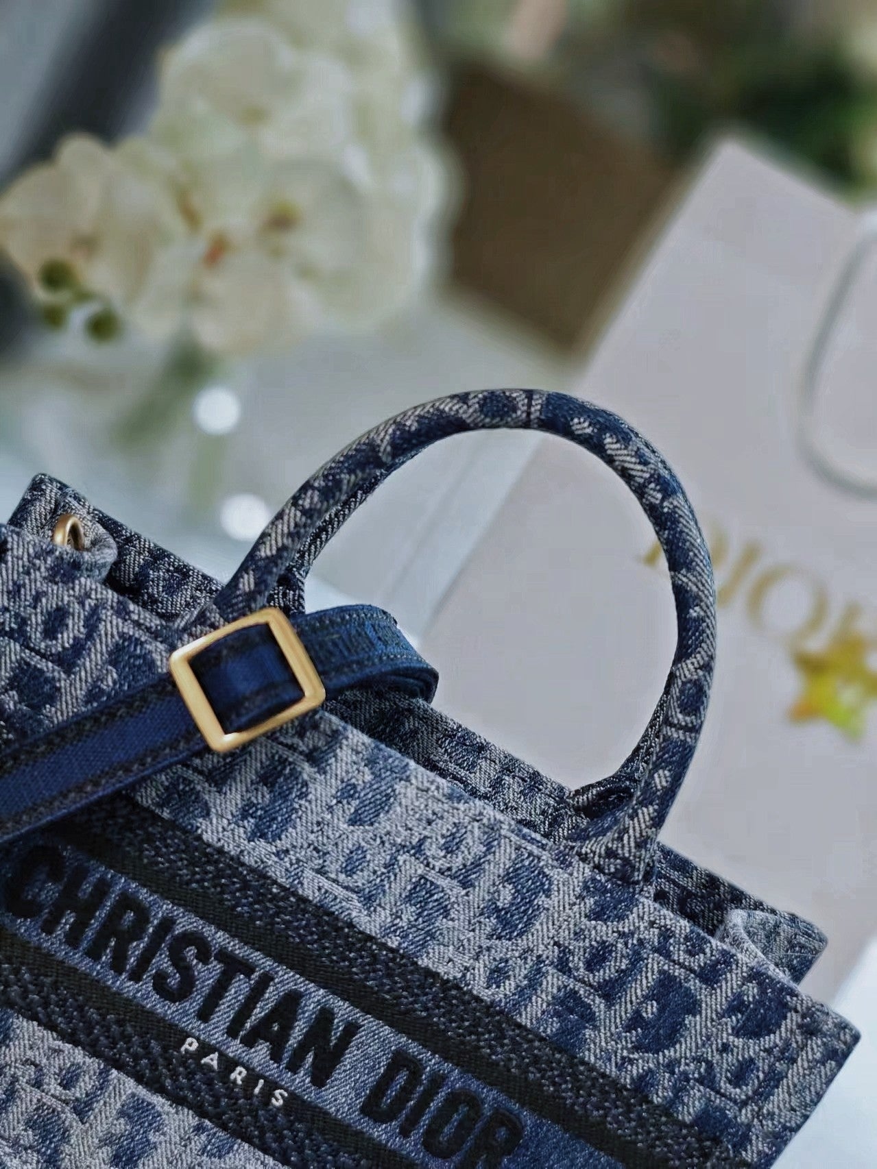 Dior Blue Monogram Embroidered Canvas Tote Bag with Removable Strap
