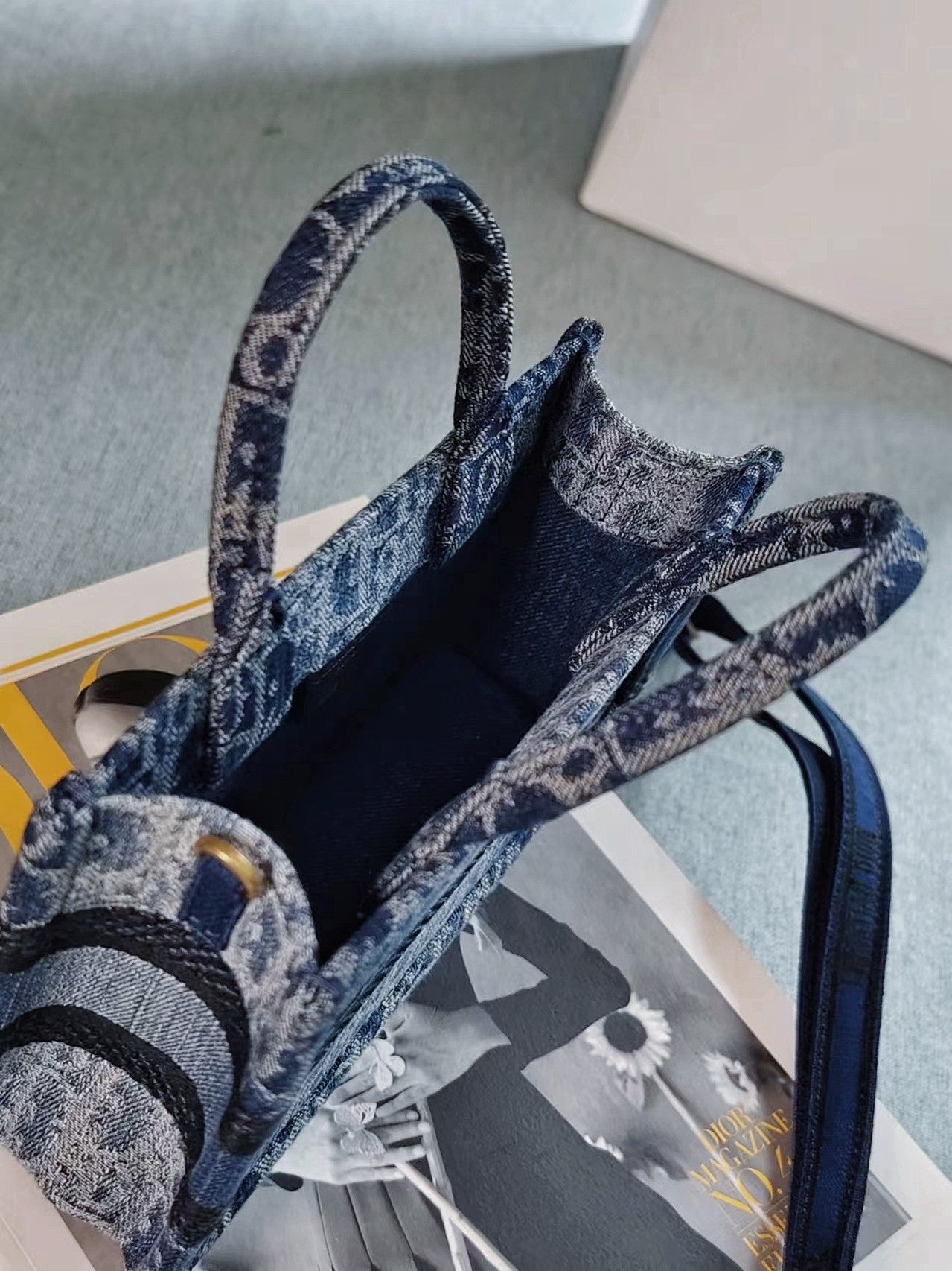 Dior Blue Monogram Embroidered Canvas Tote Bag with Removable Strap