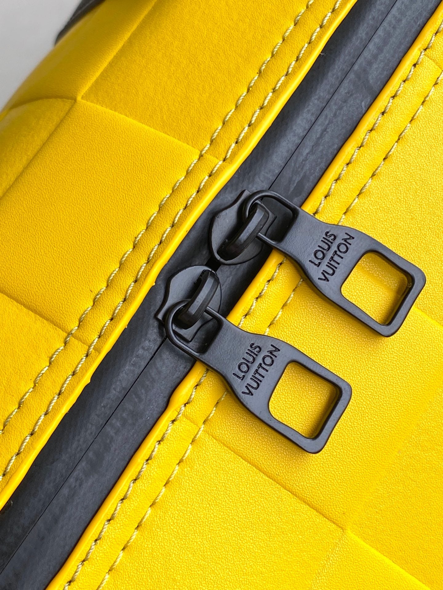 Louis Vuitton Yellow Checkered Weekender Duffle Bag with Black Leather Straps