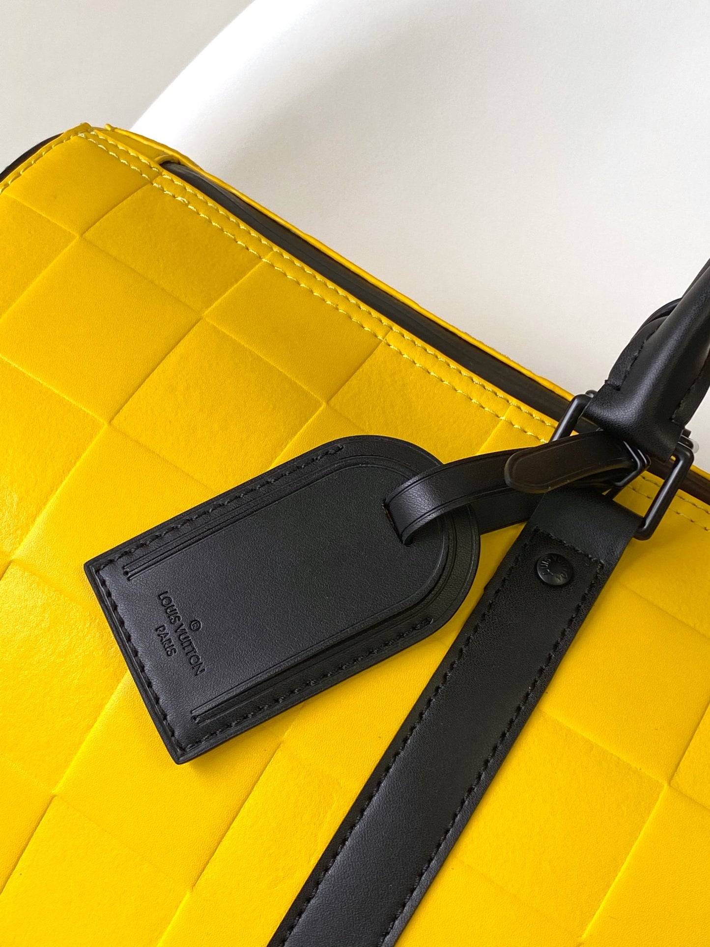 Louis Vuitton Yellow Checkered Weekender Duffle Bag with Black Leather Straps