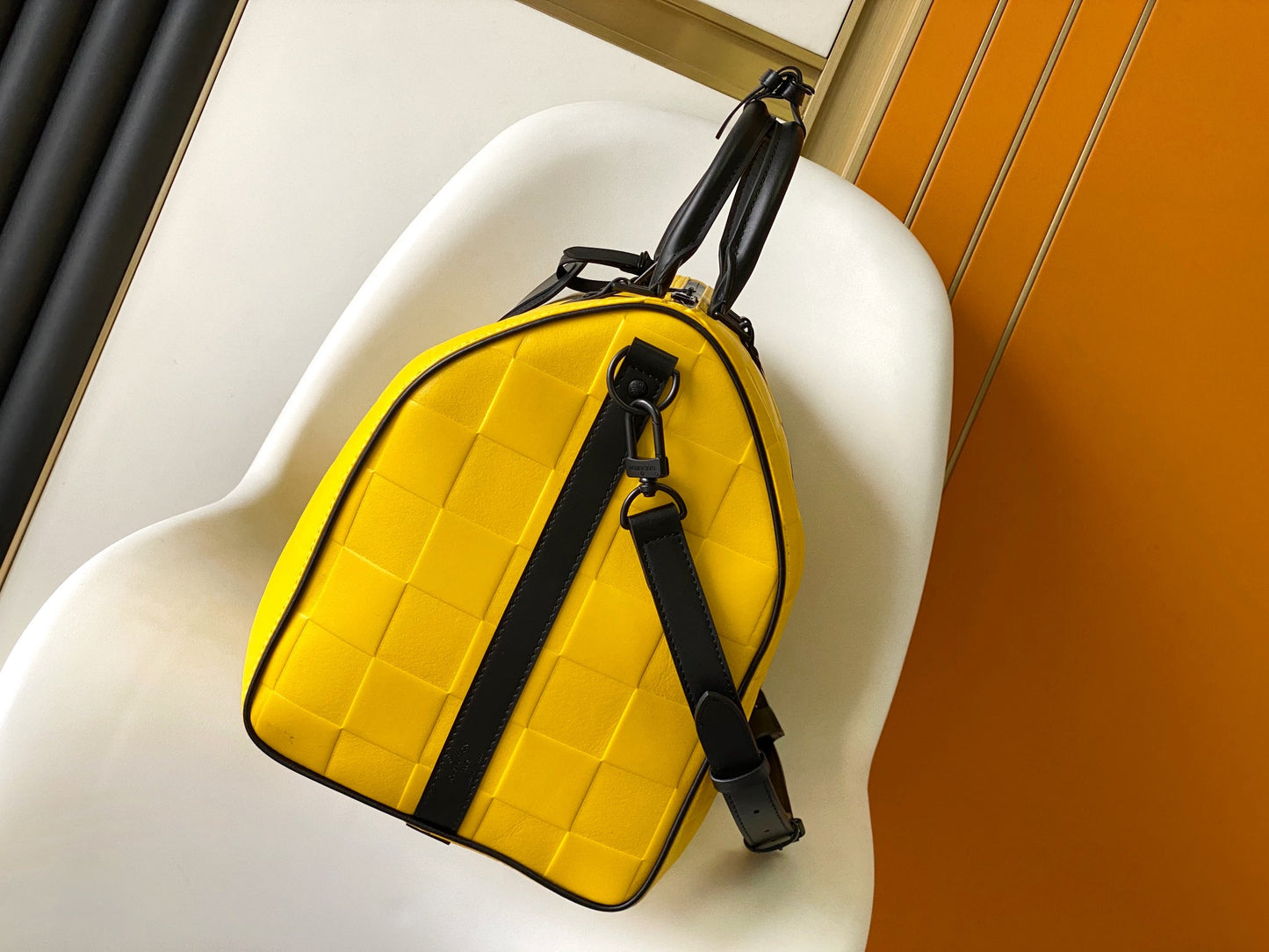 Louis Vuitton Yellow Checkered Weekender Duffle Bag with Black Leather Straps