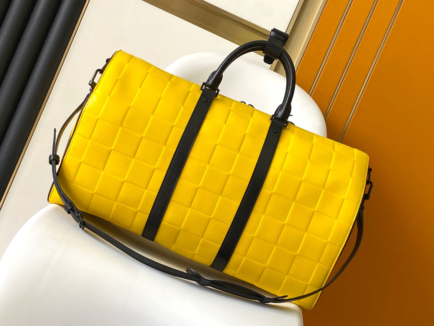 Louis Vuitton Yellow Checkered Weekender Duffle Bag with Black Leather Straps