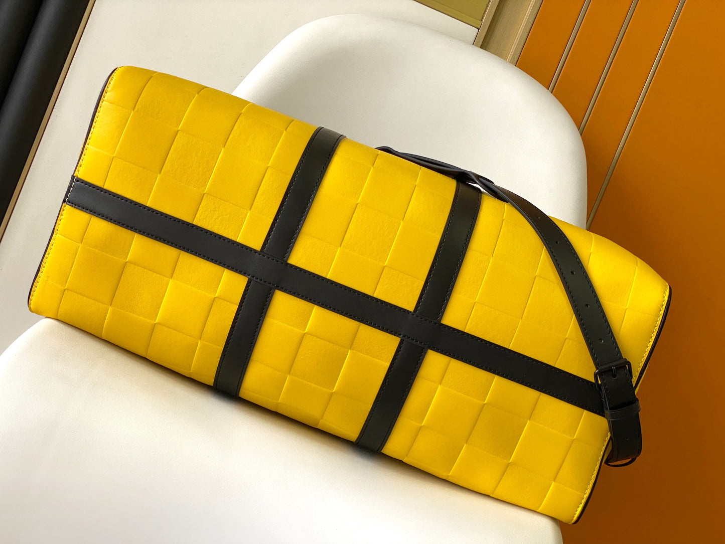 Louis Vuitton Yellow Checkered Weekender Duffle Bag with Black Leather Straps