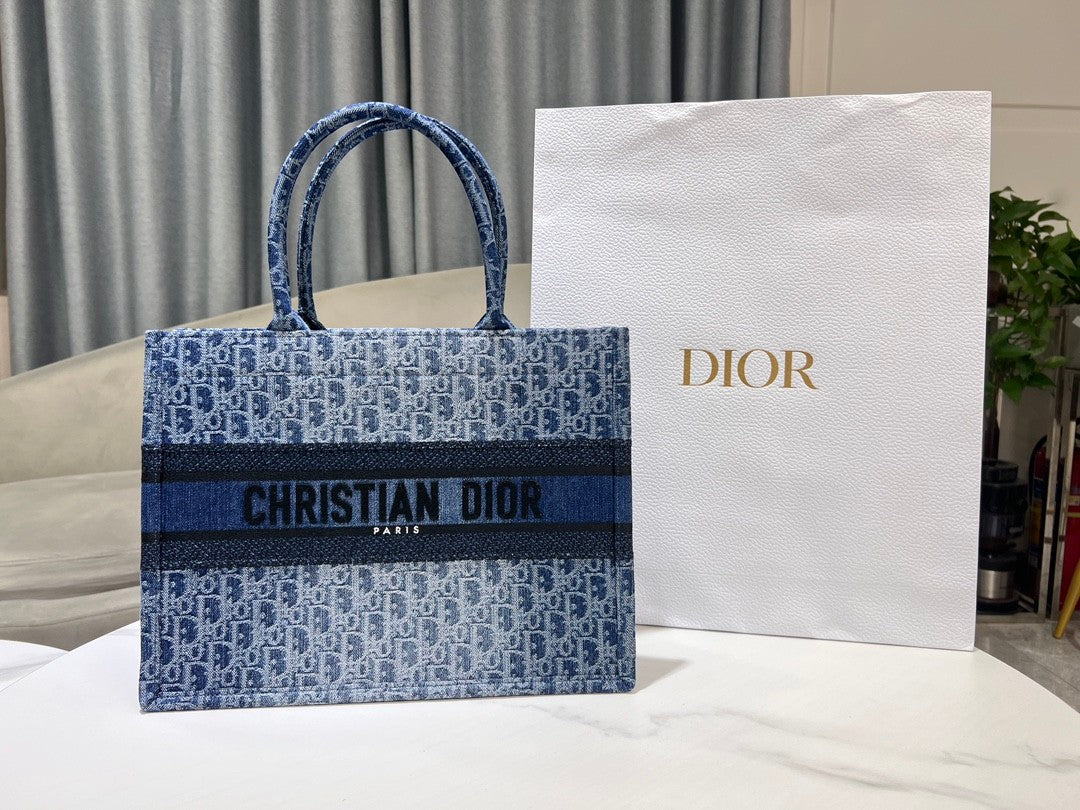 Dior Structured Blue Monogram Canvas Tote Bag with Top Handles