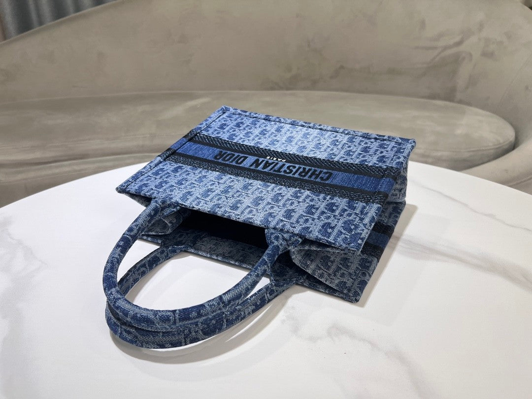Dior Blue Monogram Embroidered Canvas Tote Bag Top Handle Handbag