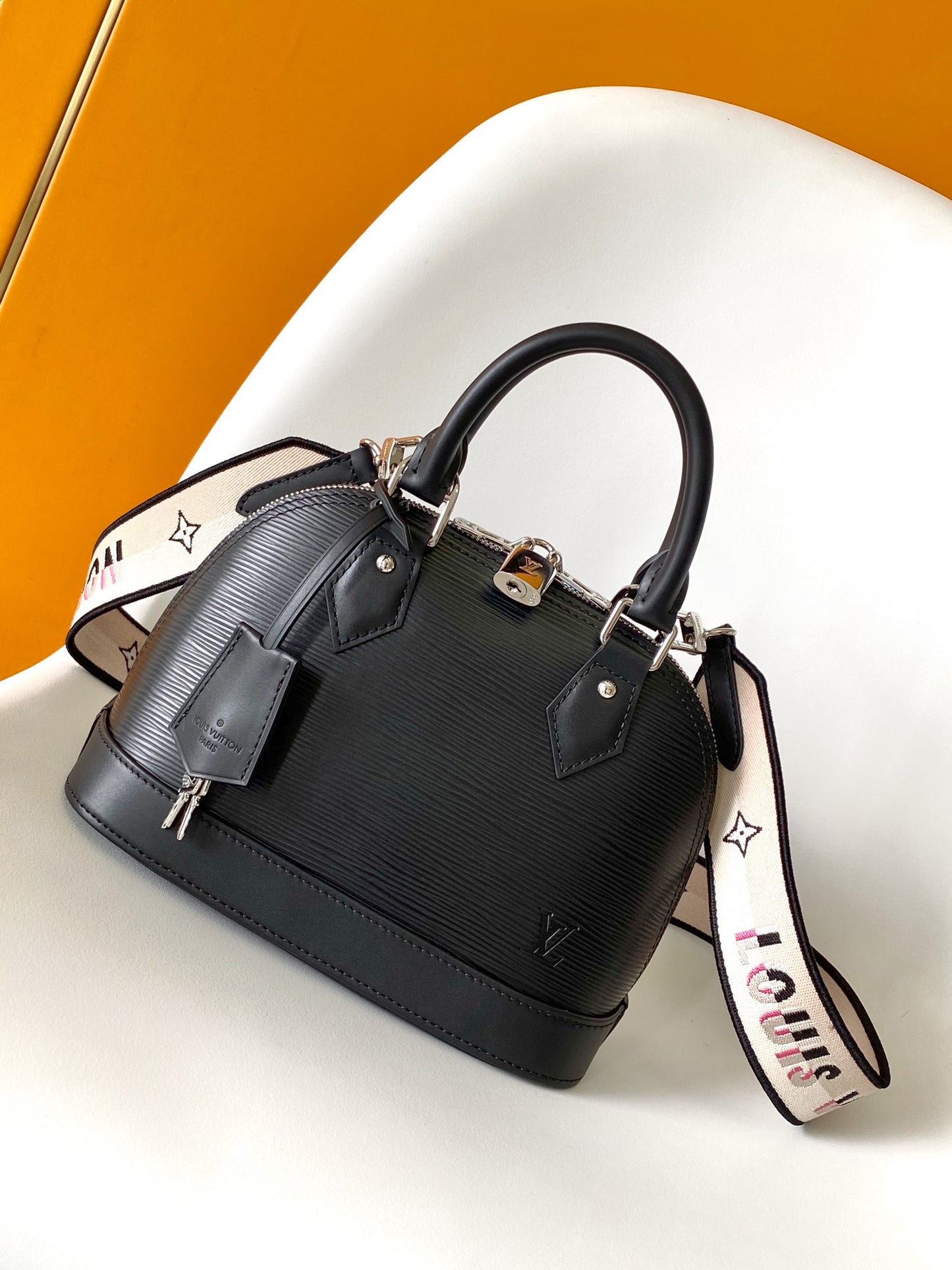 Louis Vuitton Black Textured Leather Dome Handbag with Wide Shoulder Strap