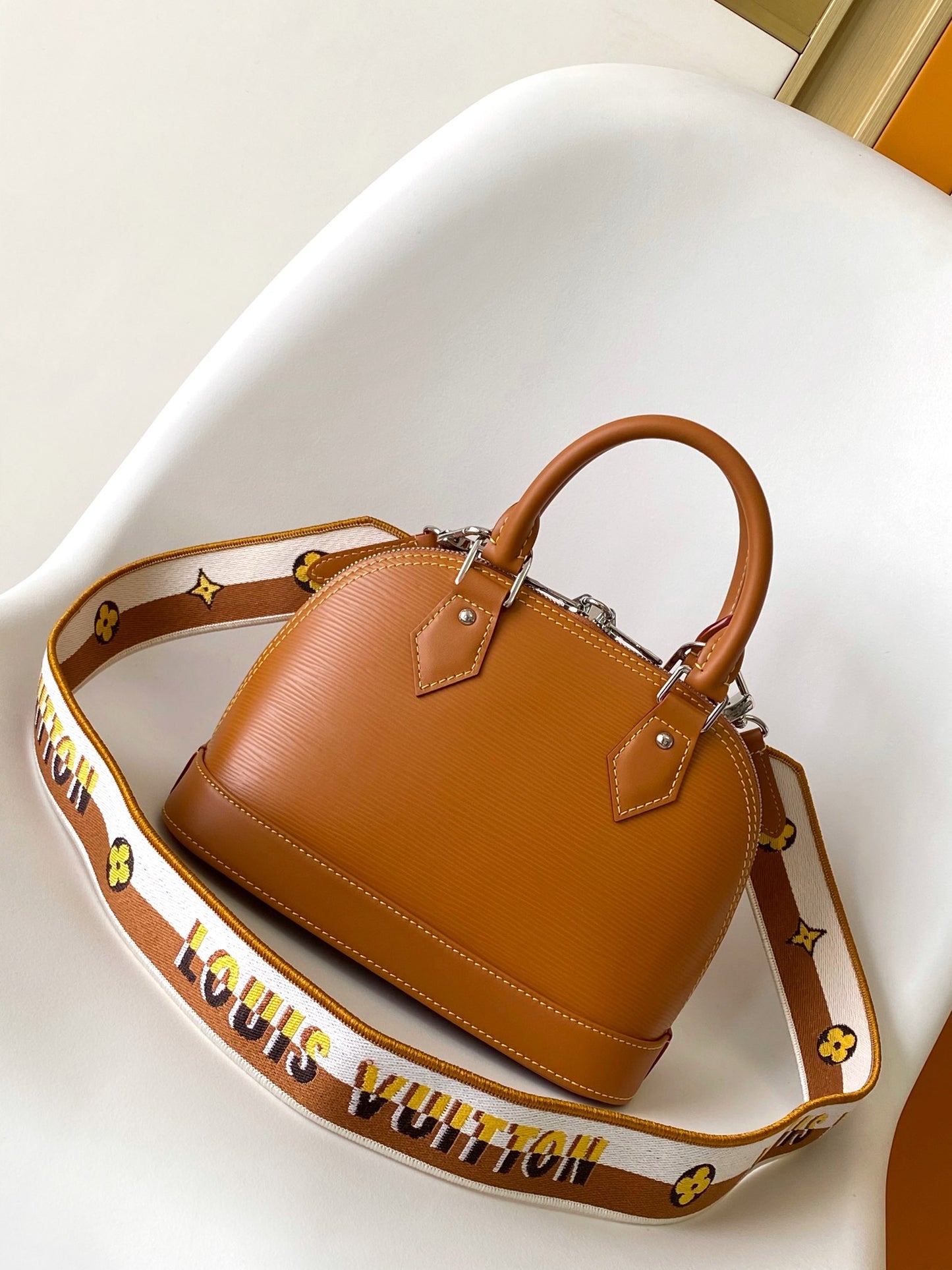 Louis Vuitton Textured Tan Leather Dome Handbag with Wide Crossbody Strap