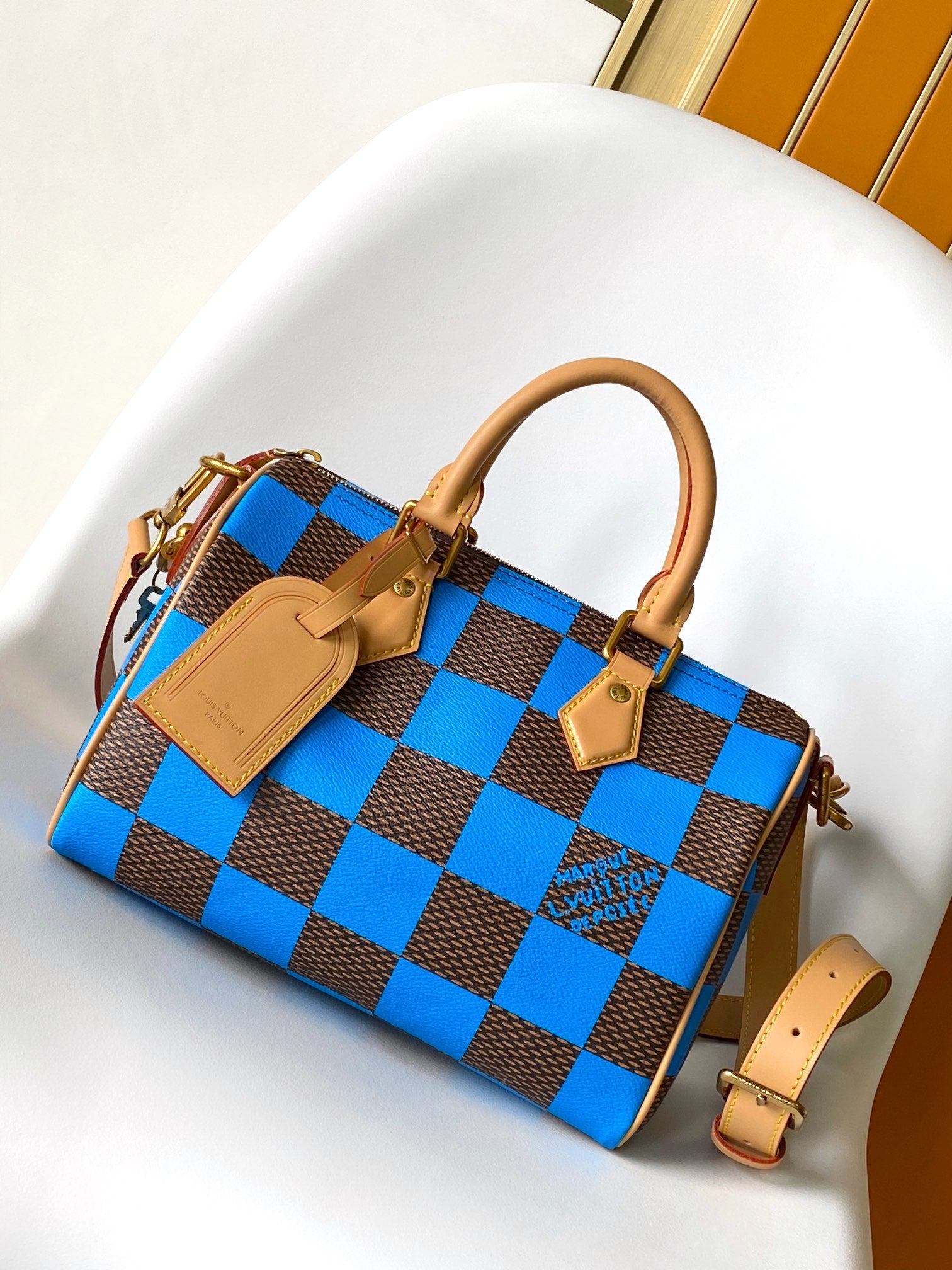 Louis Vuitton Blue and Brown Checkerboard Leather Duffle Bag with Shoulder Strap