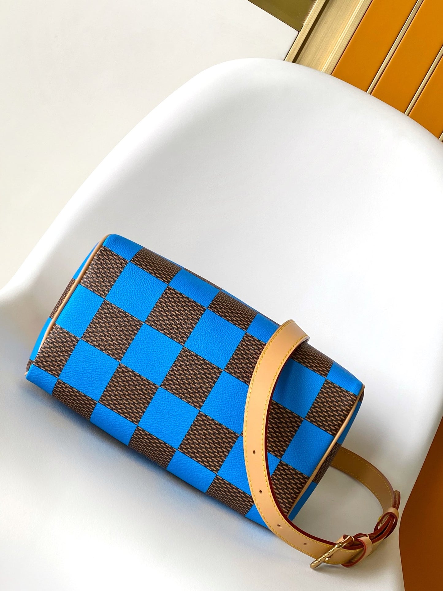 Louis Vuitton Blue and Brown Checkerboard Leather Duffle Bag with Shoulder Strap