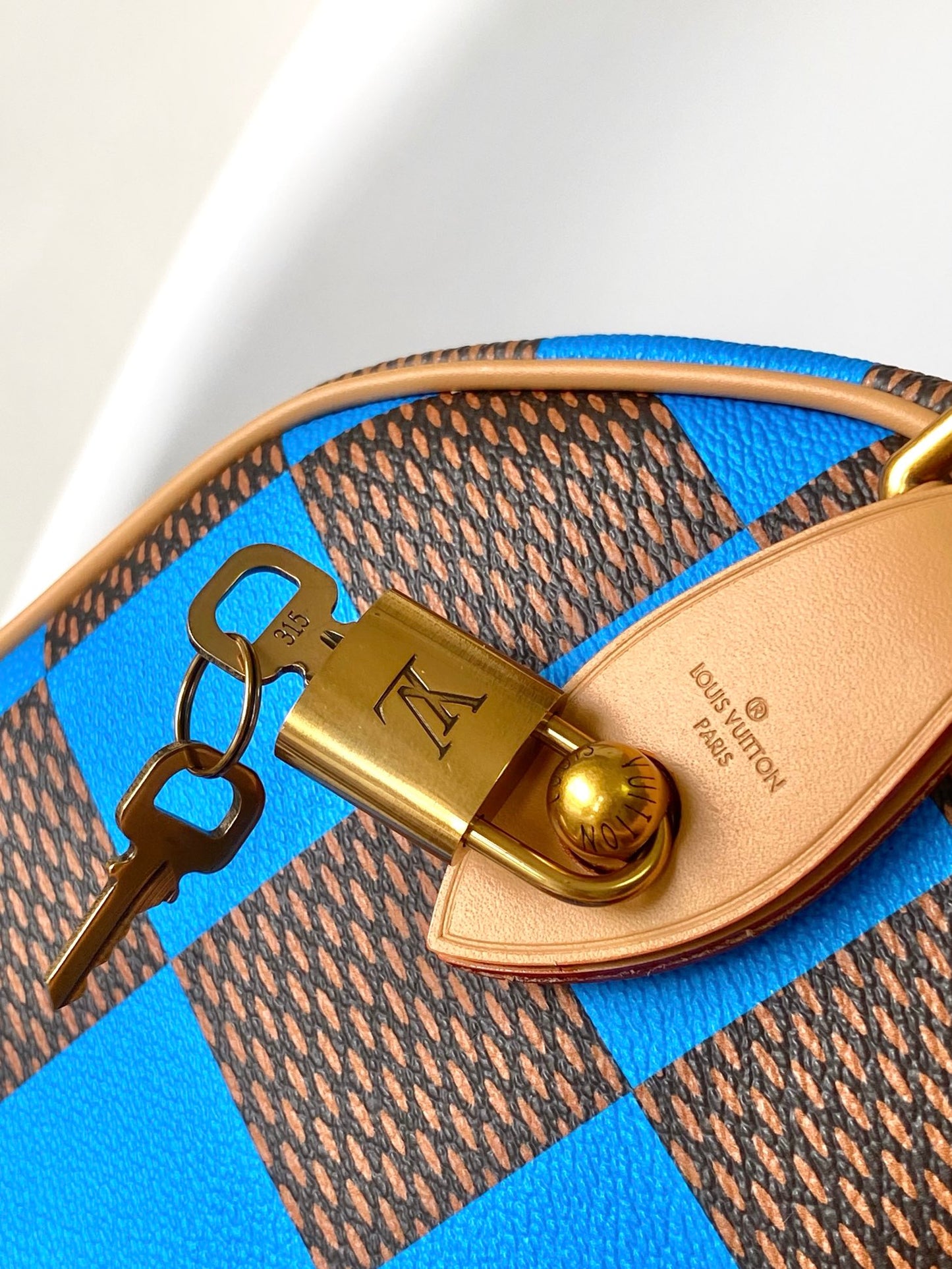 Louis Vuitton Blue and Brown Checkerboard Leather Duffle Bag with Shoulder Strap