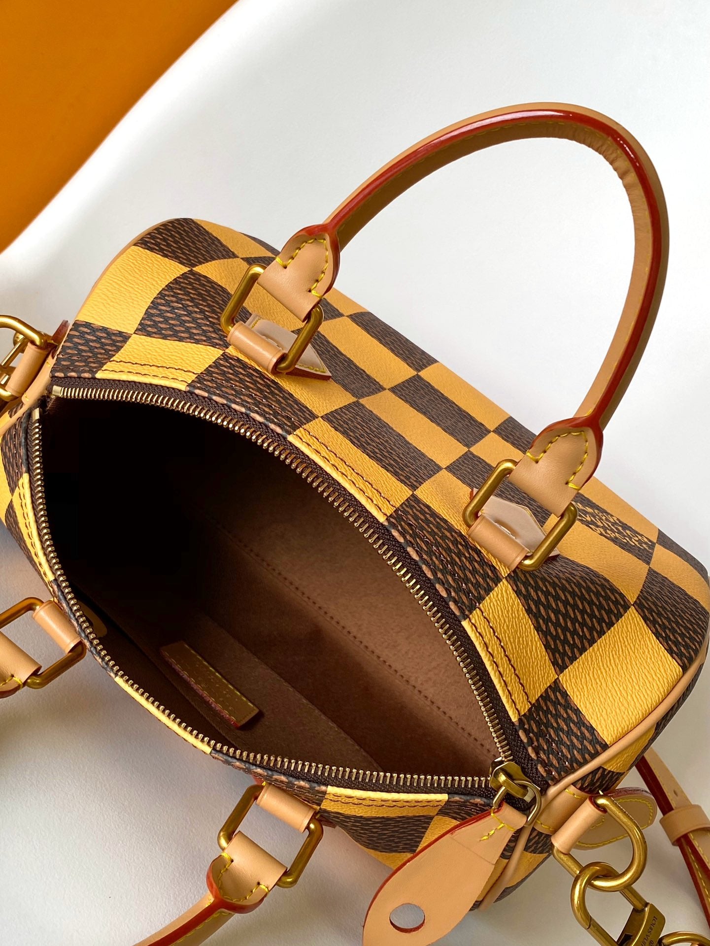 Louis Vuitton Yellow and Brown Checkered Boston Handbag with Shoulder Strap