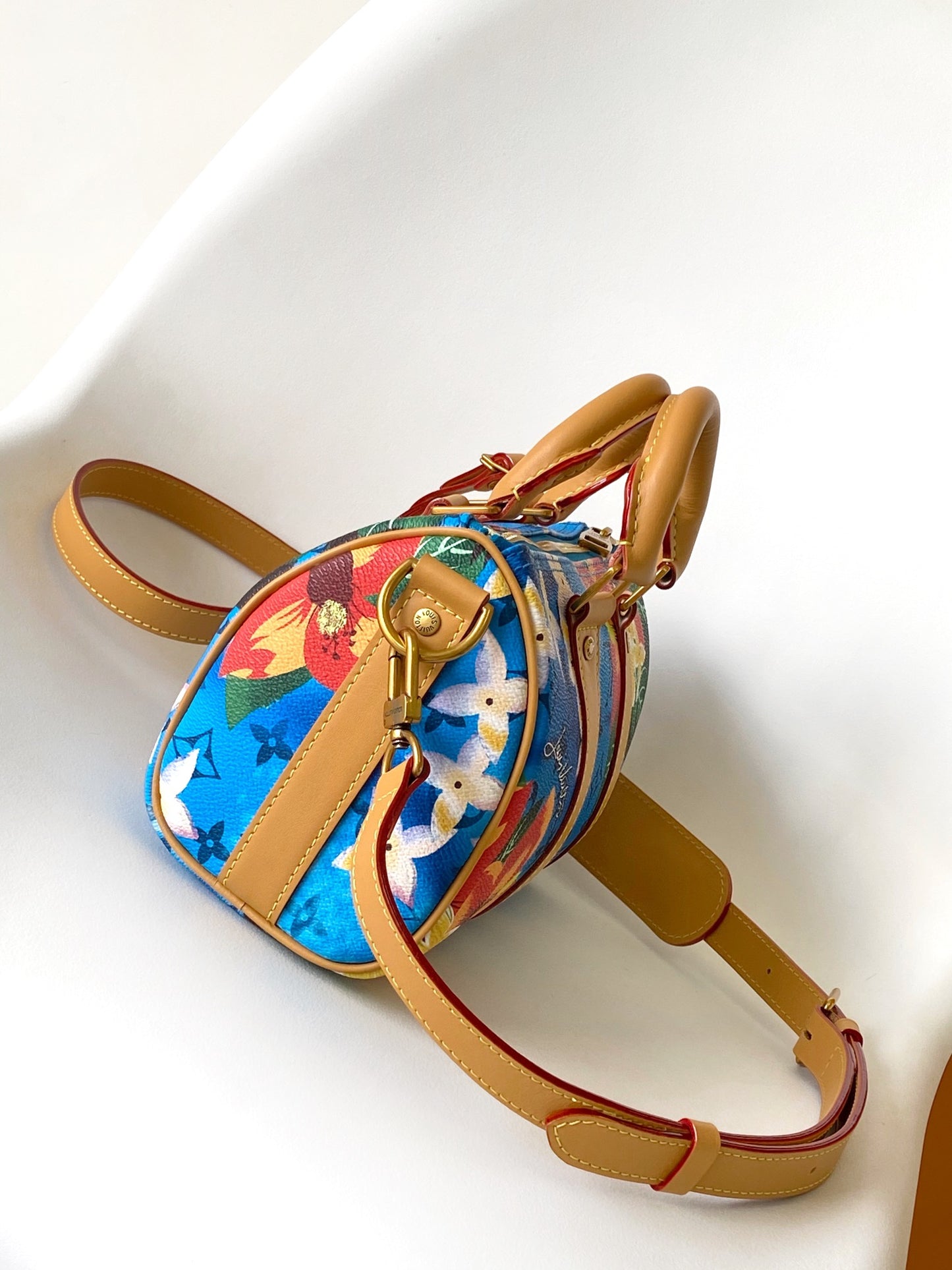 Louis Vuitton Blue Tropical Floral Mini Duffle Bag with Tan Leather Trim