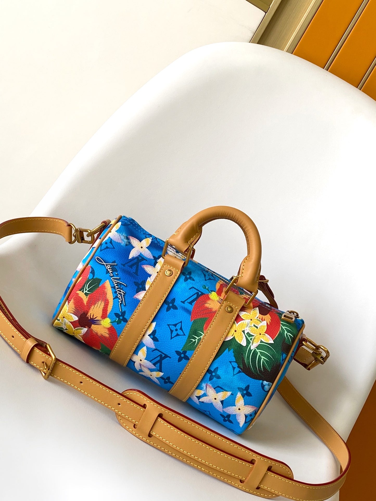 Louis Vuitton Blue Tropical Floral Mini Duffle Bag with Tan Leather Trim