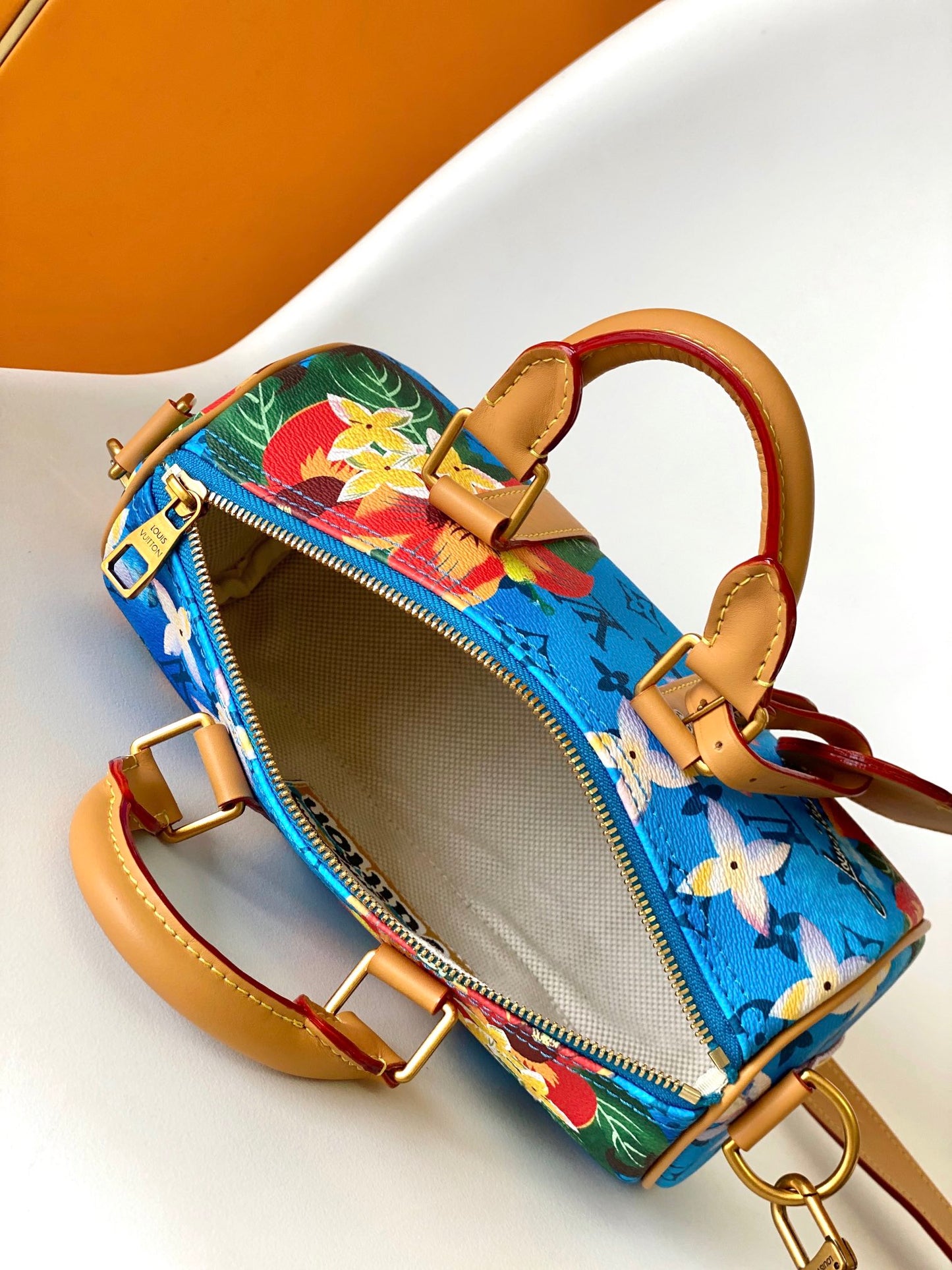Louis Vuitton Blue Tropical Floral Mini Duffle Bag with Tan Leather Trim