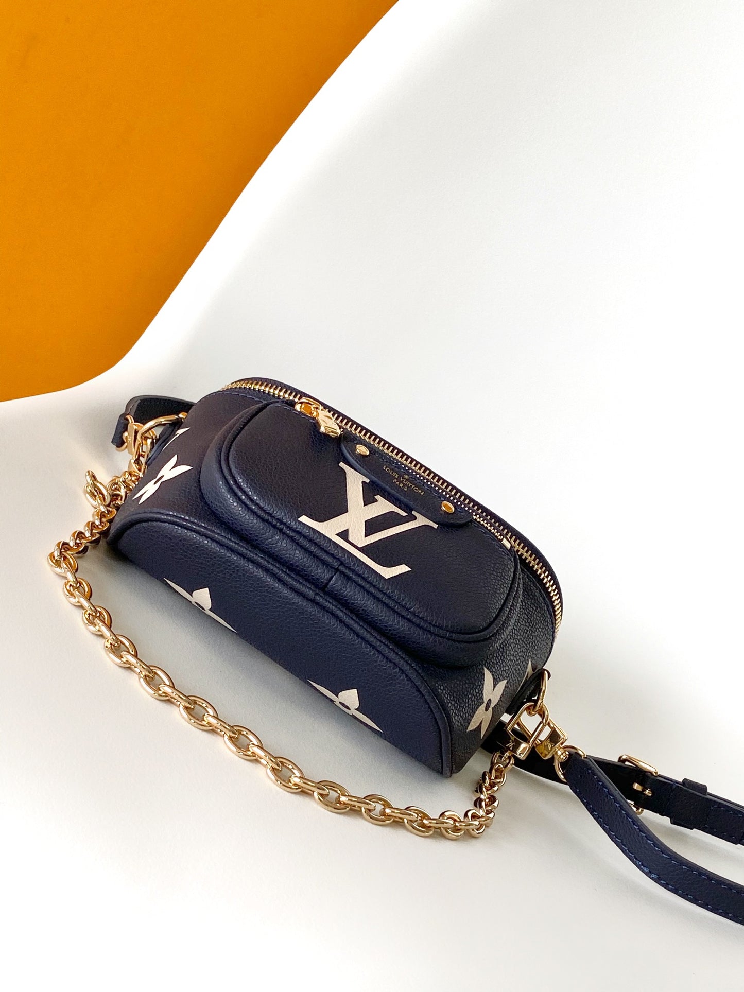 Louis Vuitton Navy Blue Leather Belt Bag with Gold Chain Strap and Floral Design