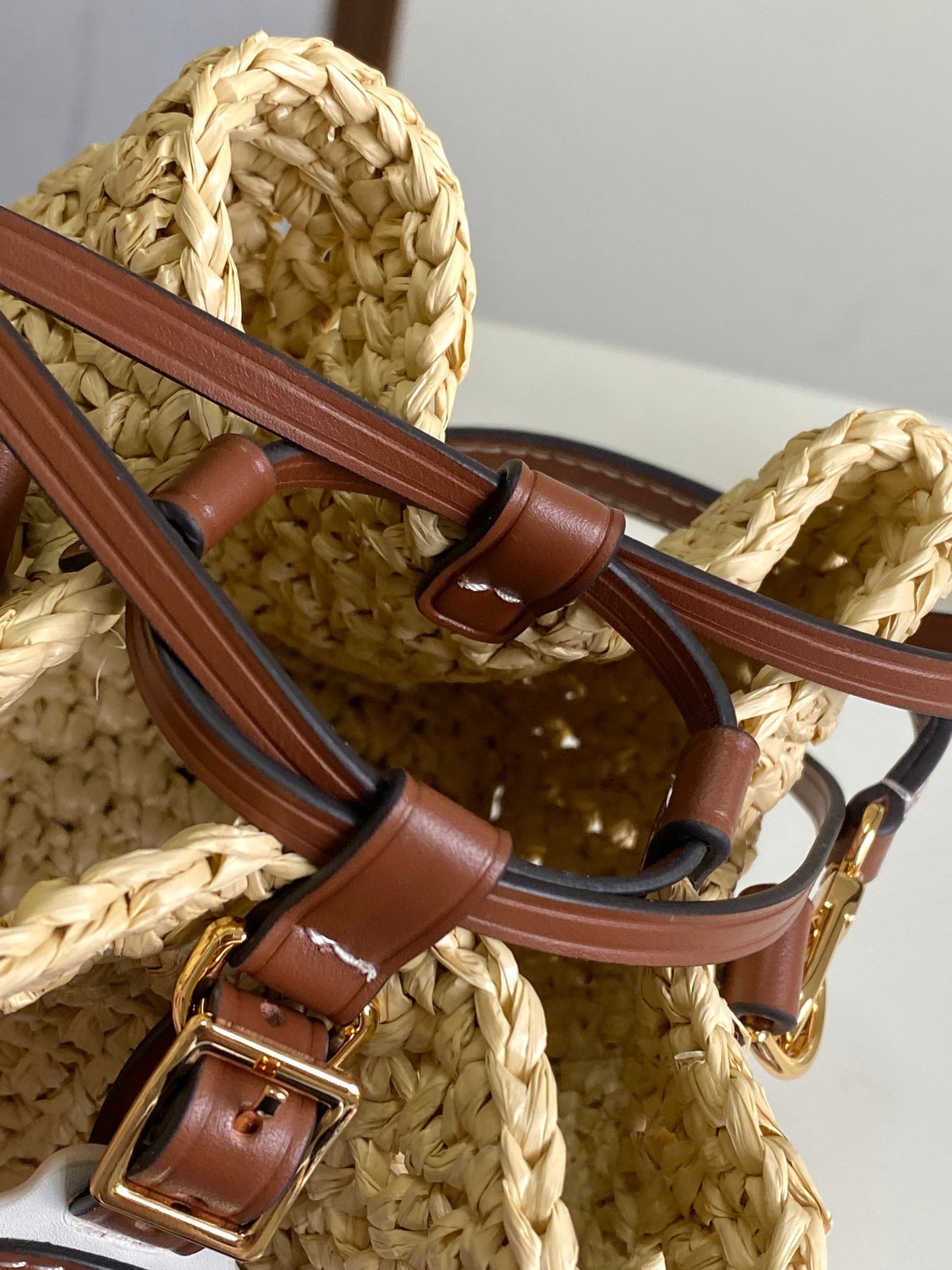 Louis Vuitton Woven Straw Crossbody Bucket Bag with Brown Leather Details