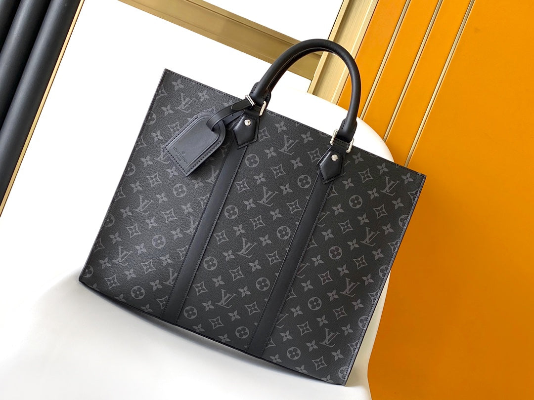 Louis Vuitton Black Monogram Print Large Tote Bag with Top Handles and Luggage Tag