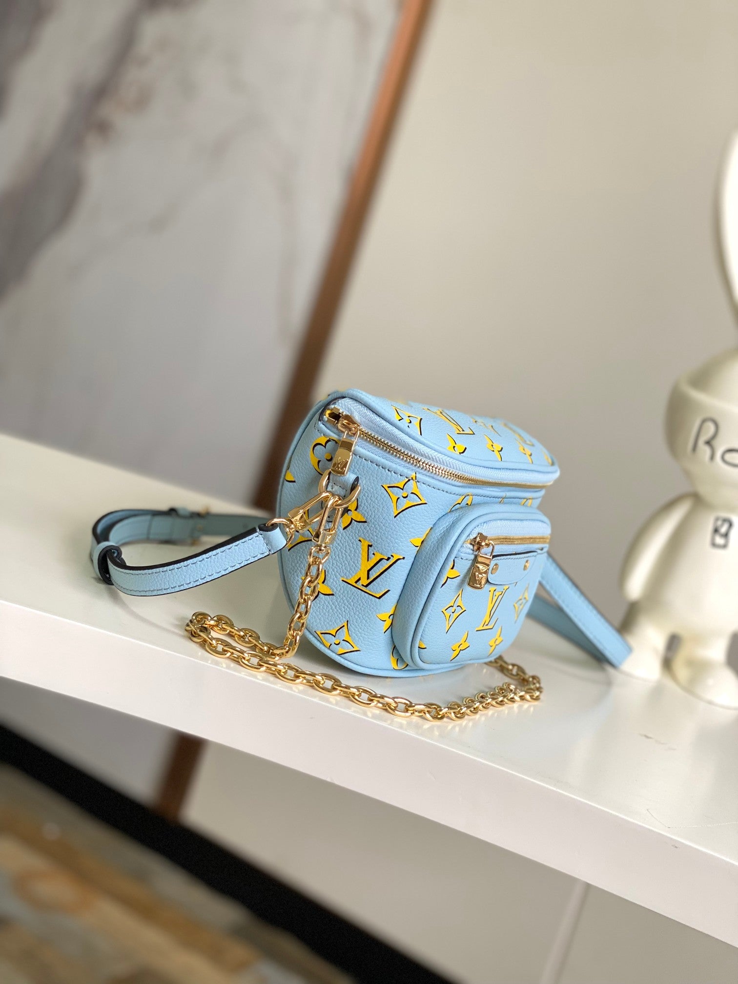 Louis Vuitton Light Blue Embossed Monogram Crossbody Bag with Gold Chain