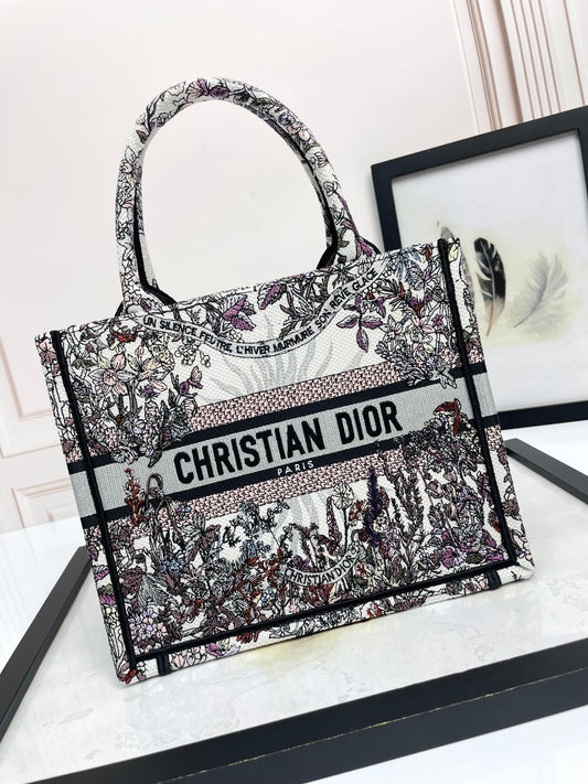 Dior Vintage Floral Embroidered Canvas Tote Bag with Top Handles