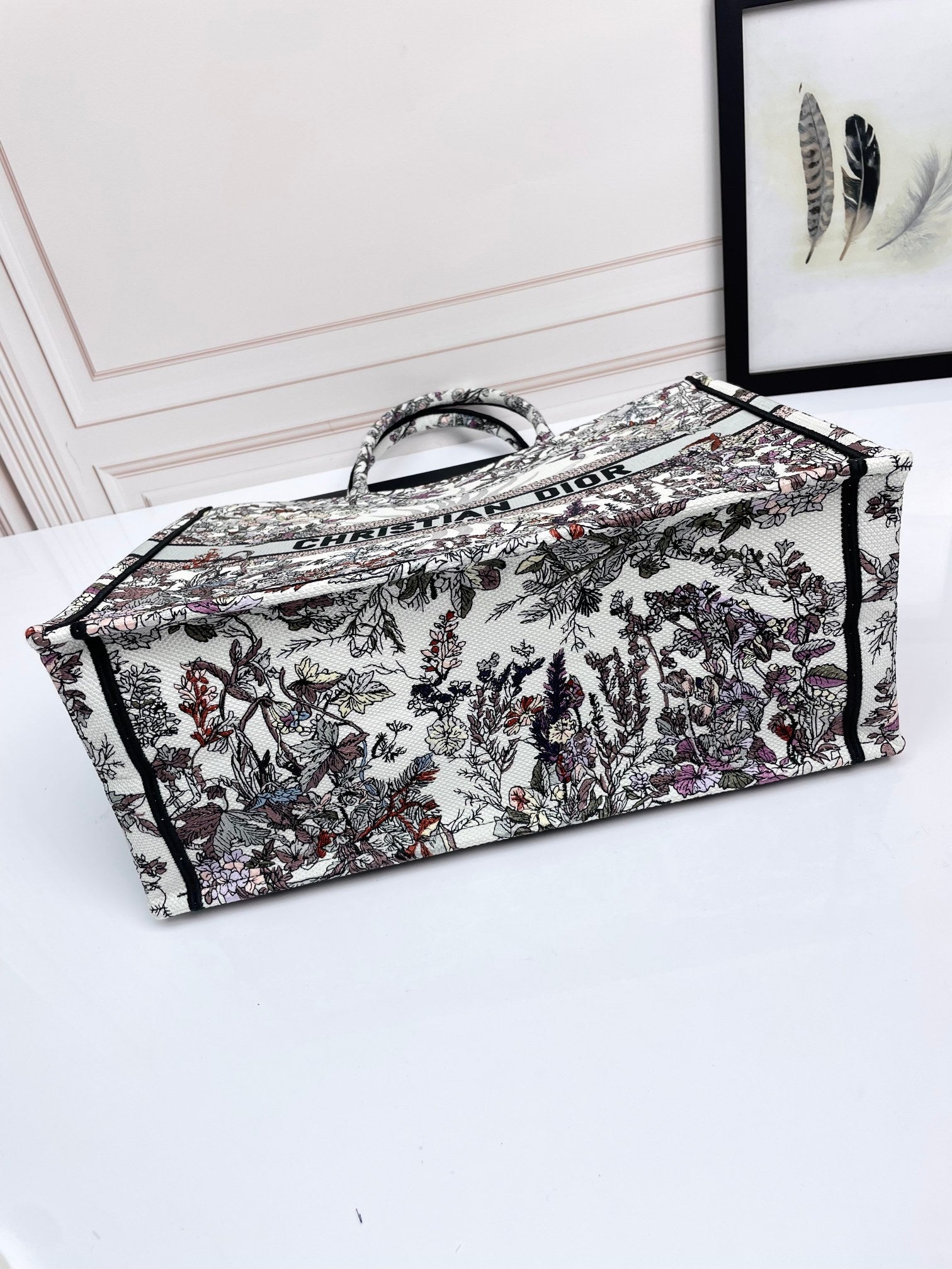 Dior Vintage Inspired Nature Scene Embroidered Large Shoulder Tote Bag