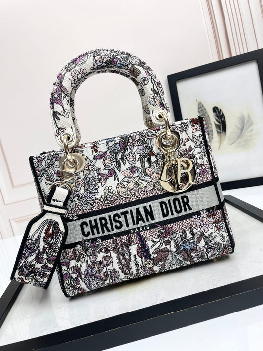 Dior Luxury Embroidered Floral Tapestry Handbag with Top Handle