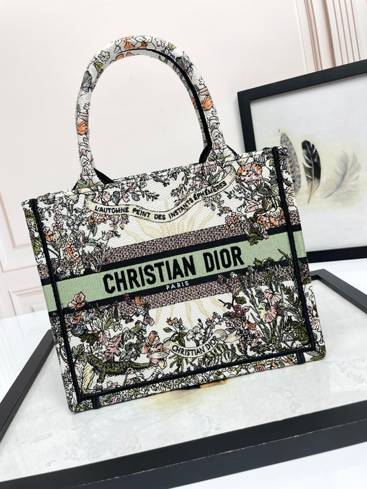 Dior Floral Embroidered Canvas Tote Bag Vintage Style Top Handle Purse