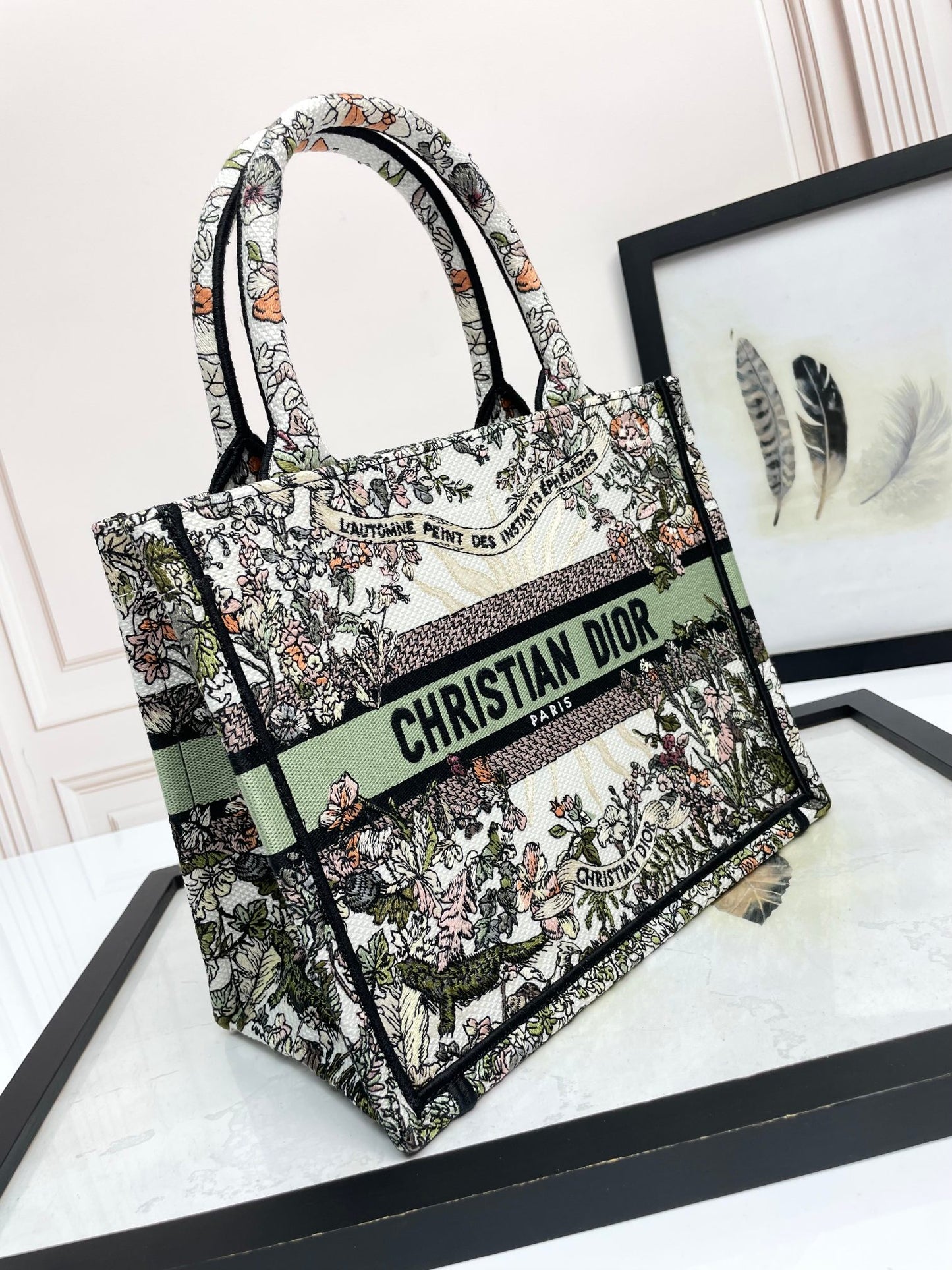 Christian Dior Large Book Tote Bag Floral Embroidery Green & Multicolor