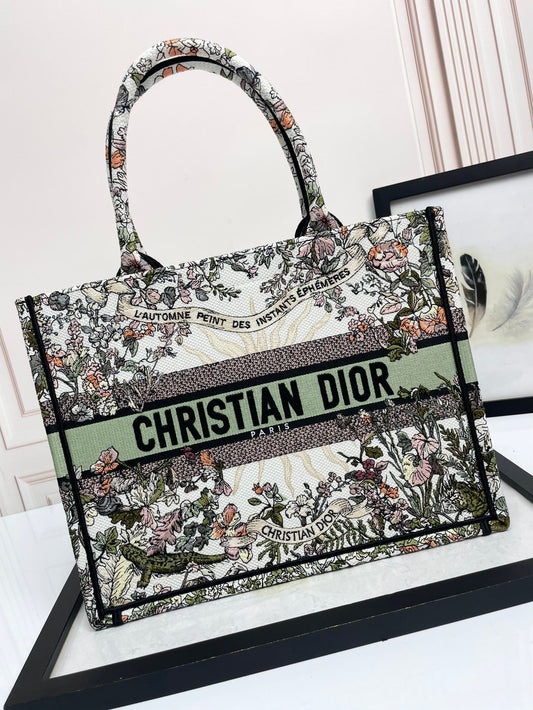 Dior Floral Embroidered Canvas Tote Bag Large Top Handle Handbag