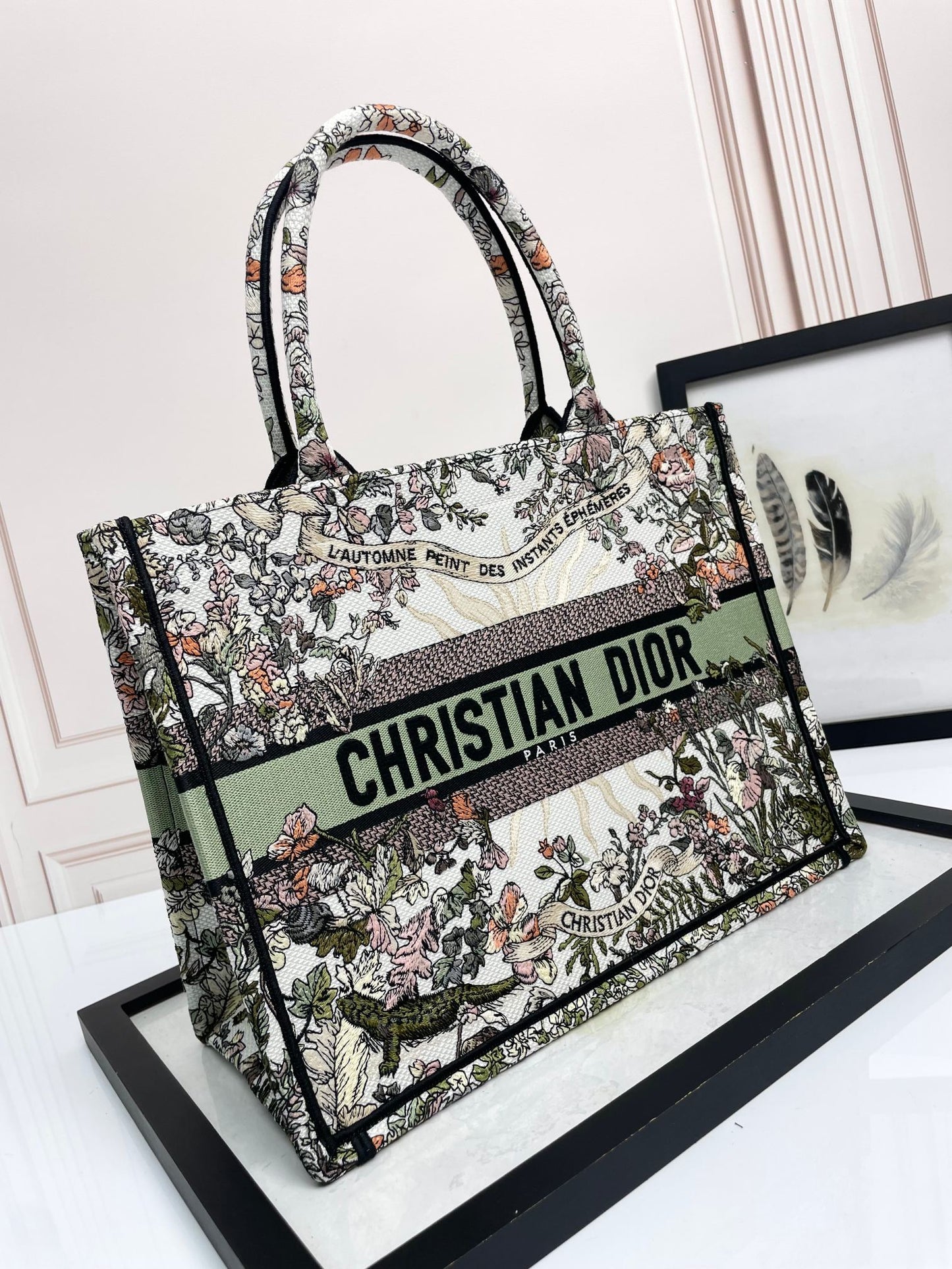 Dior Floral Embroidered Canvas Tote Bag Large Top Handle Handbag