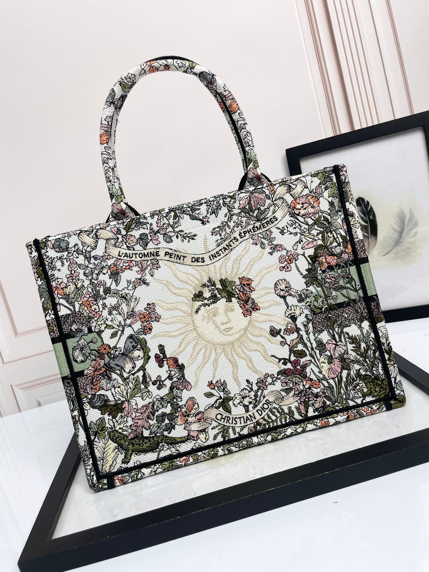Dior Floral Embroidered Canvas Tote Bag Large Top Handle Handbag
