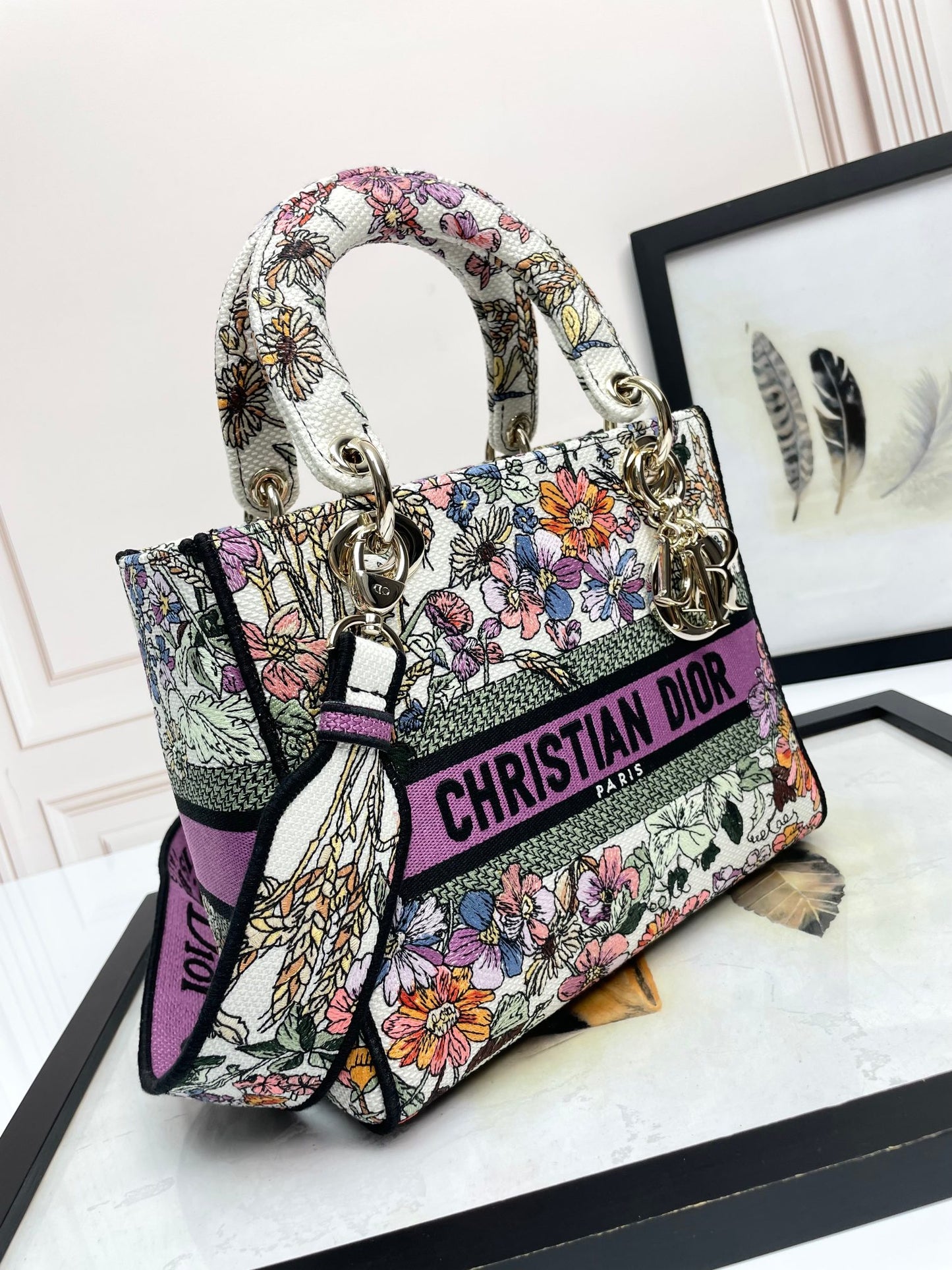 Dior Colorful Floral Embroidered Canvas Top Handle Satchel Handbag