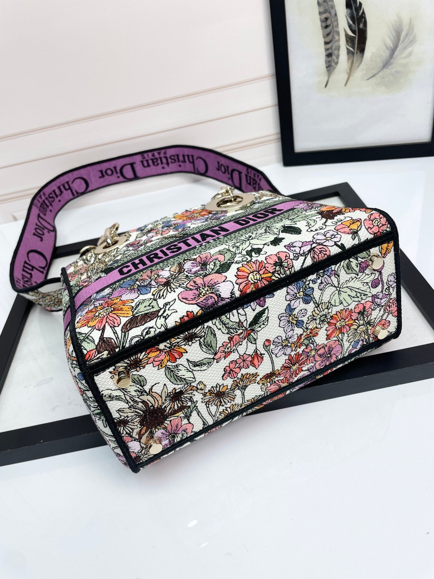 Dior Colorful Floral Embroidered Canvas Top Handle Satchel Handbag