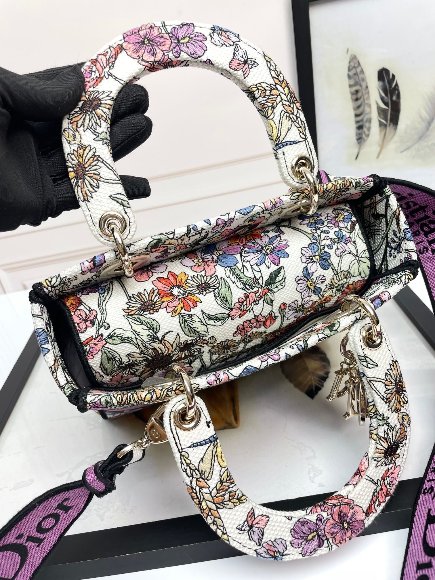 Dior Colorful Floral Embroidered Canvas Top Handle Satchel Handbag