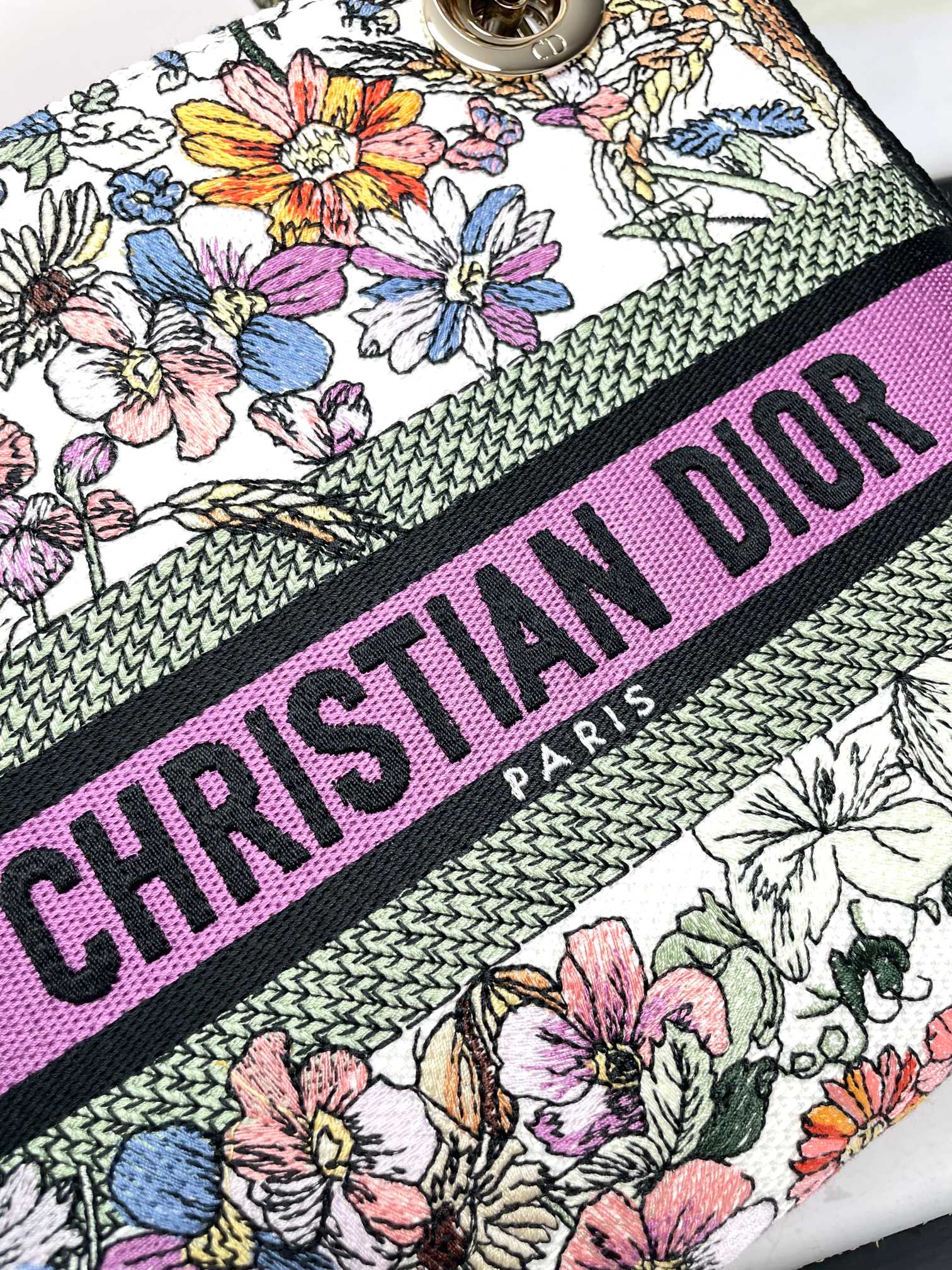 Dior Colorful Floral Embroidered Canvas Top Handle Satchel Handbag