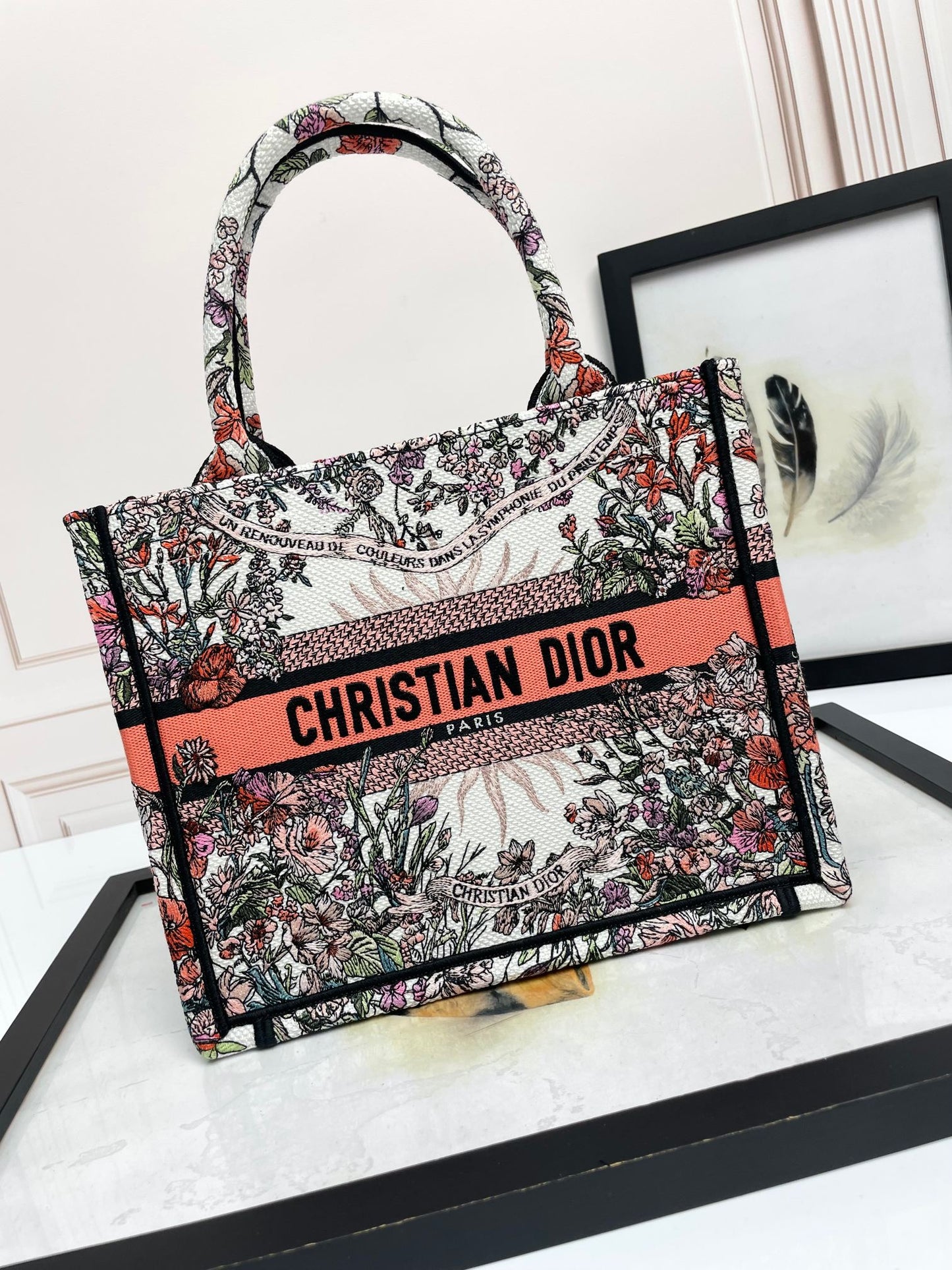 Dior Embroidered Floral Canvas Tote Bag with Contrast Band