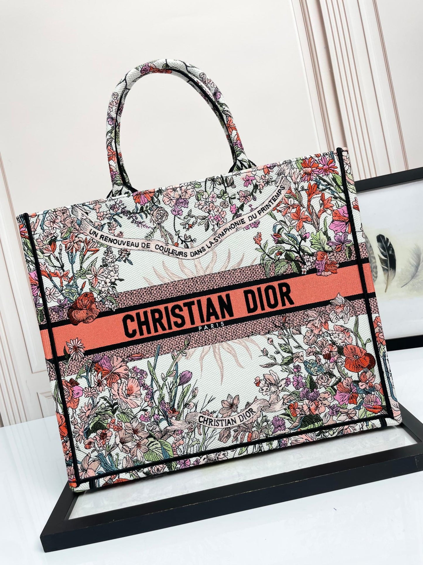 Dior Elegant Floral Embroidery Canvas Tote Bag Large Travel Handbag